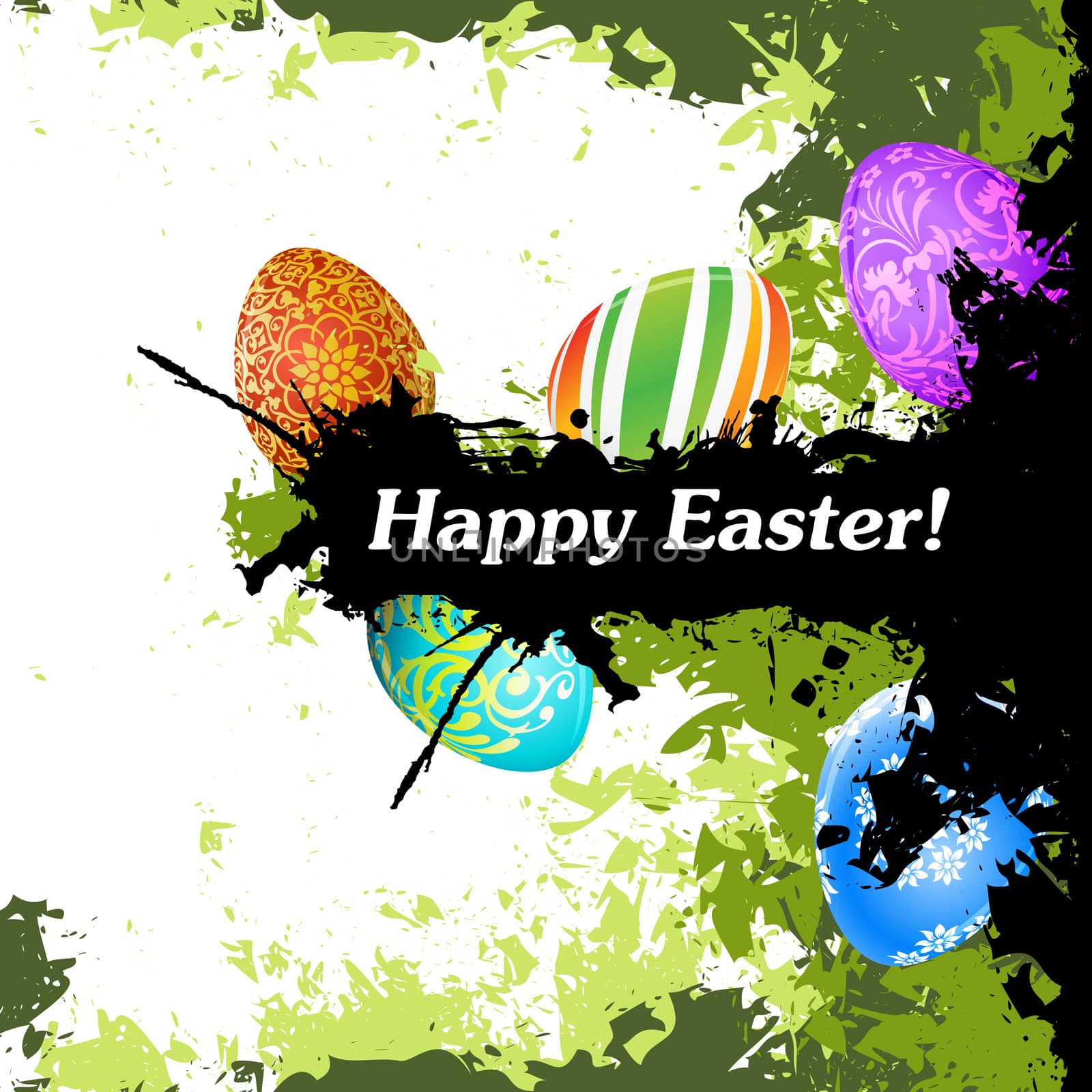 Grungy Easter Background with Five Decorated Eggs