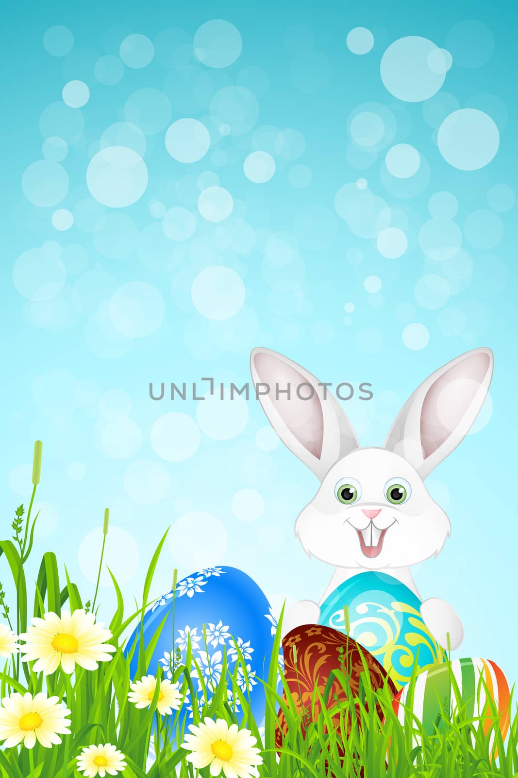 Easter Background with Flowers, Grass, Eggs and Rabbit