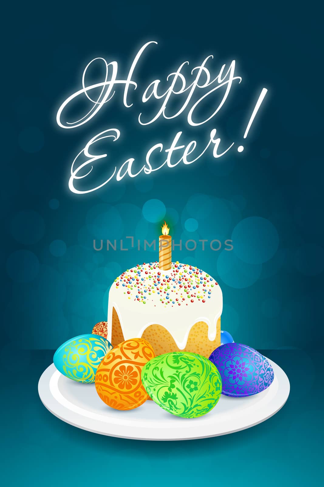 Easter Card with Cake, Candle and Eggs