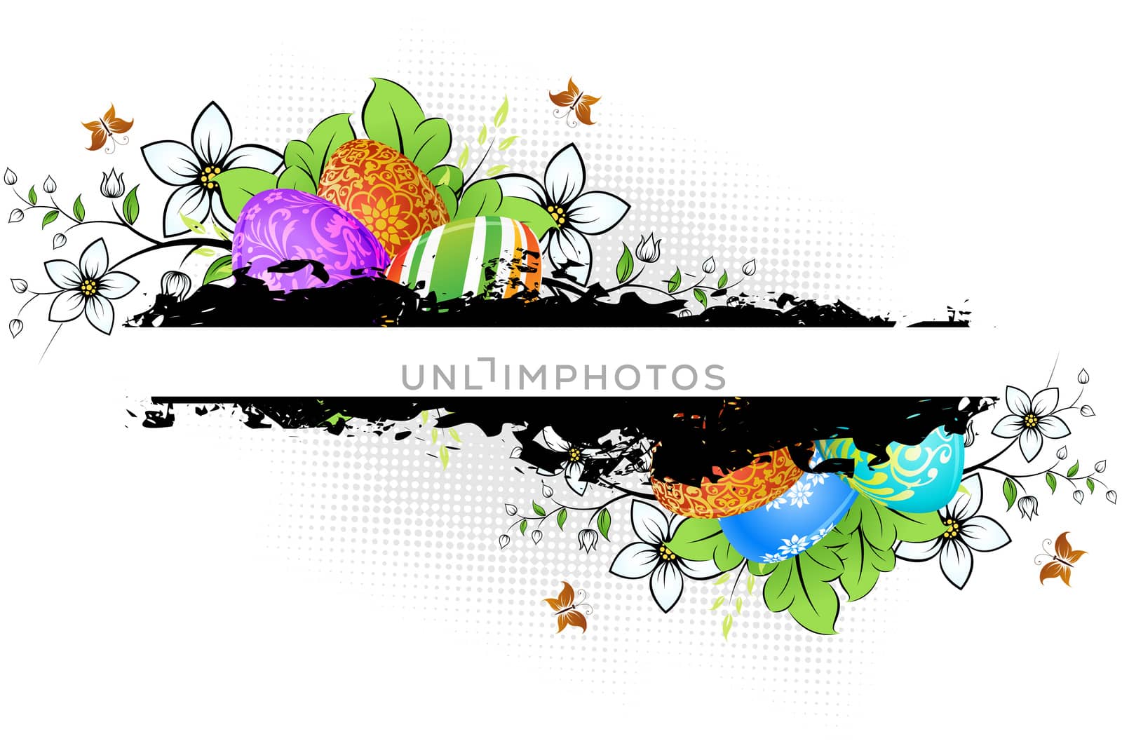 Grungy Easter Background with Decorated Eggs and Flowers