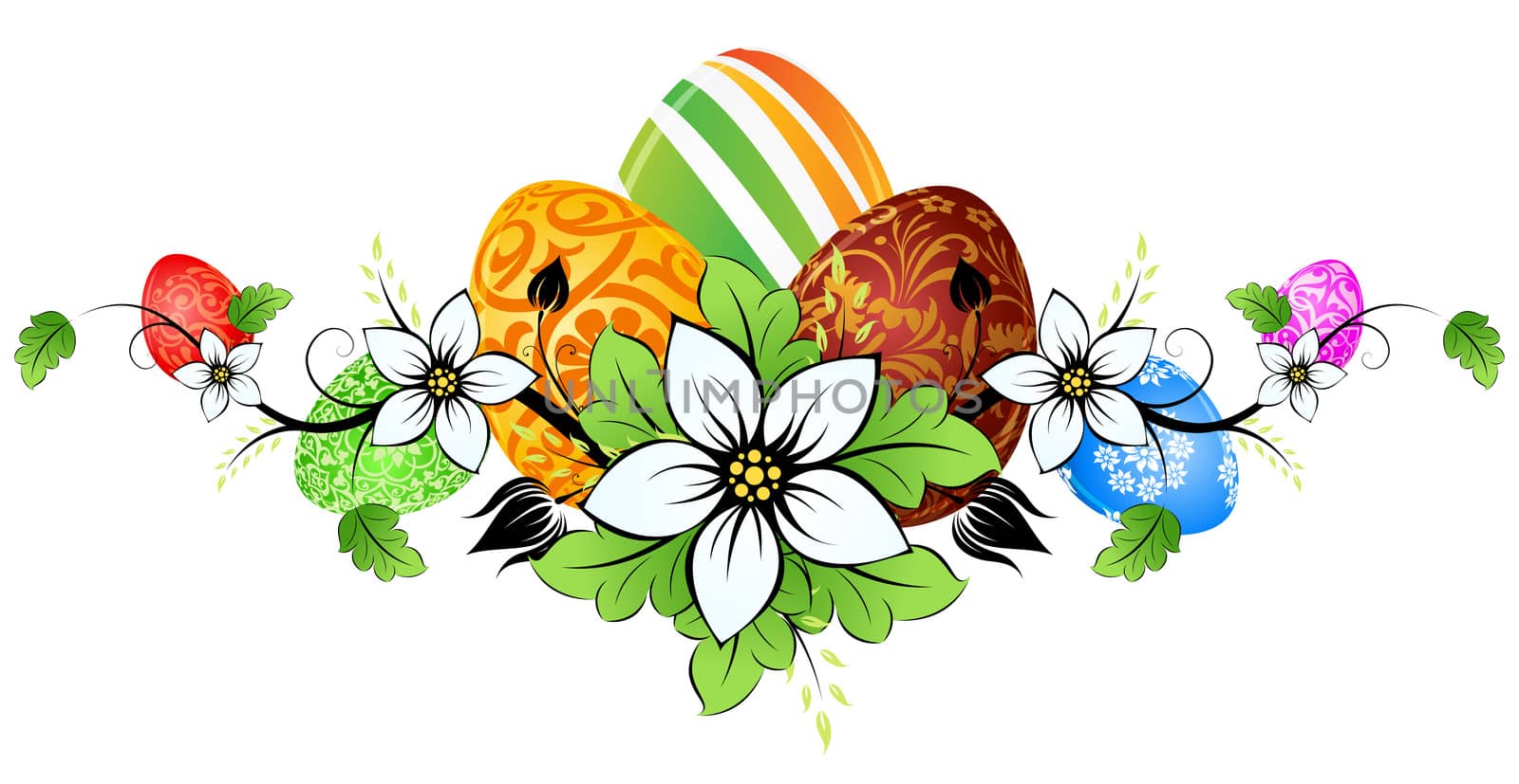 Easter Background with Eggs Flowers and Leaves