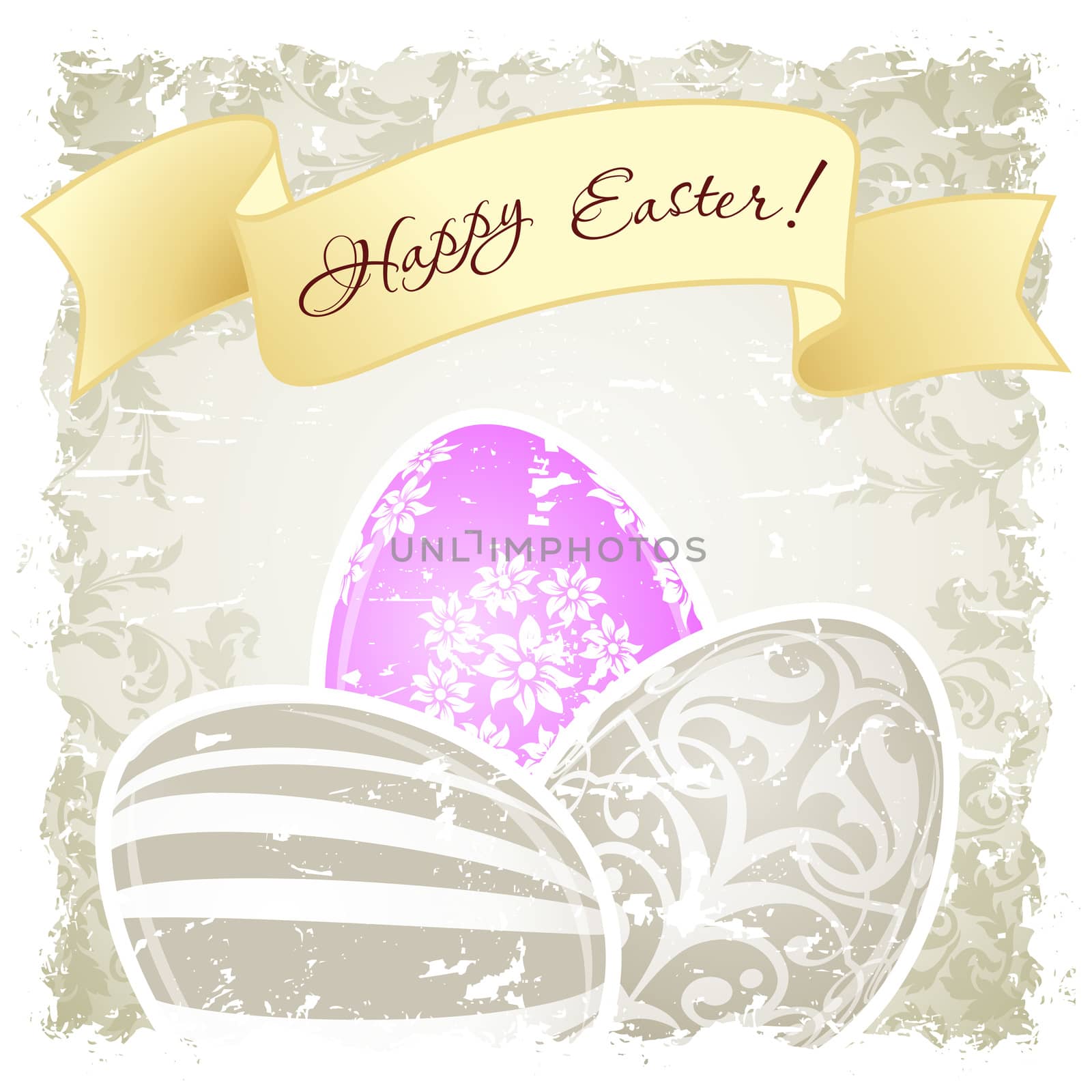 Grungy Easter Background with Decorated Eggs and Floral Elements