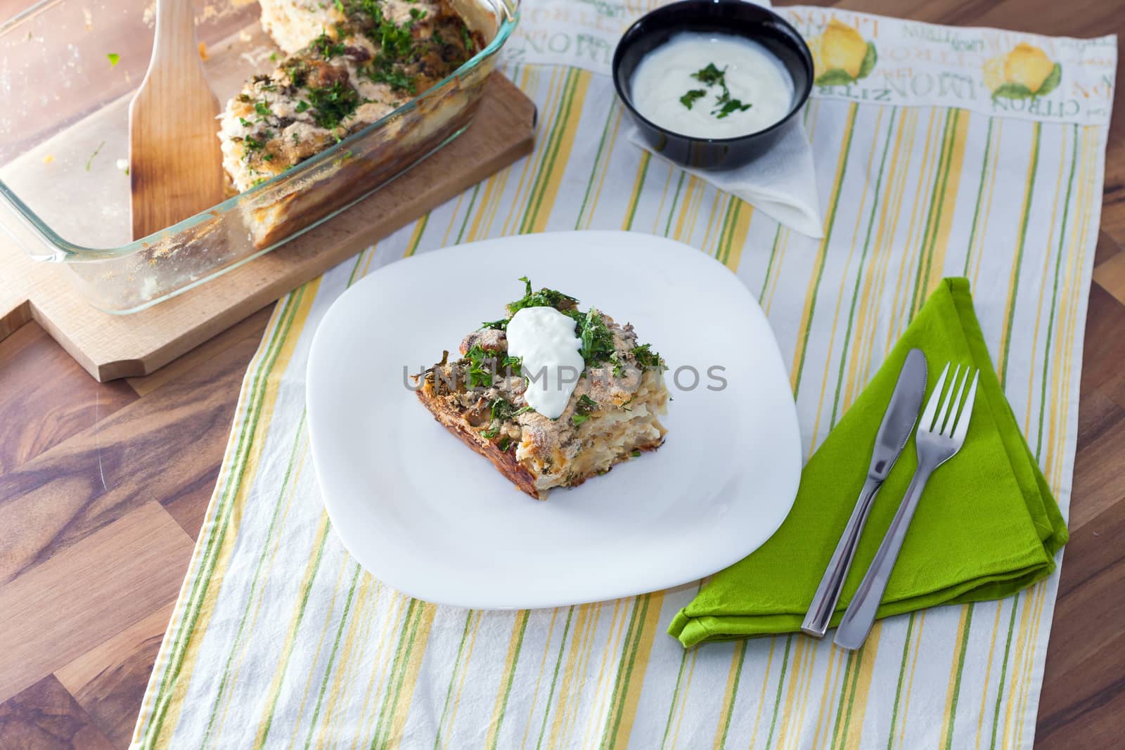 Cauliflower baked with eggs, cheese and dill on top