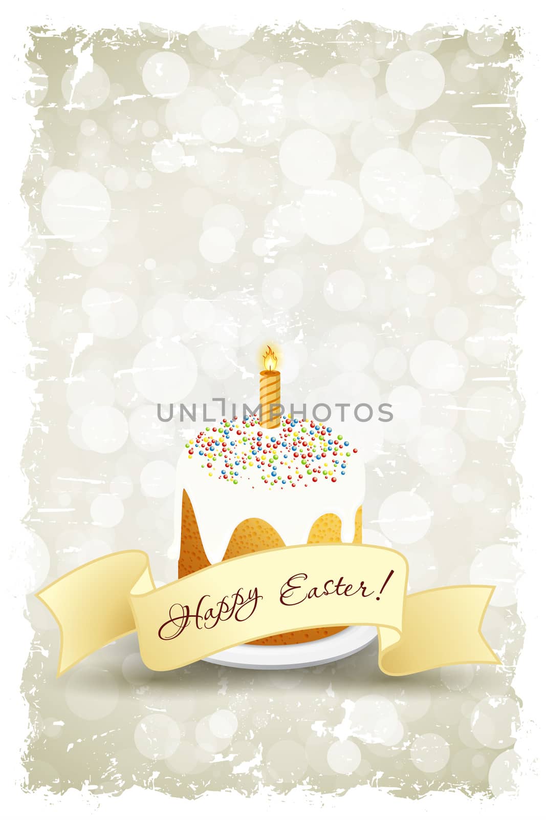 Grungy Easter Background with Decorated Cake and Ribbon