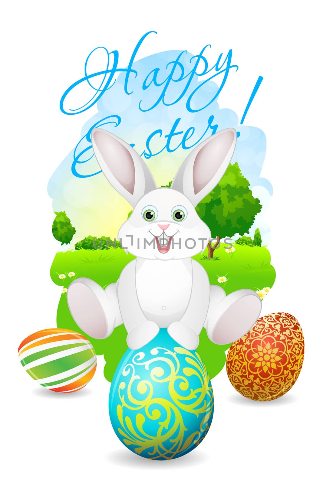 Easter Card with Landscape, Rabbit and Decorated Eggs by WaD