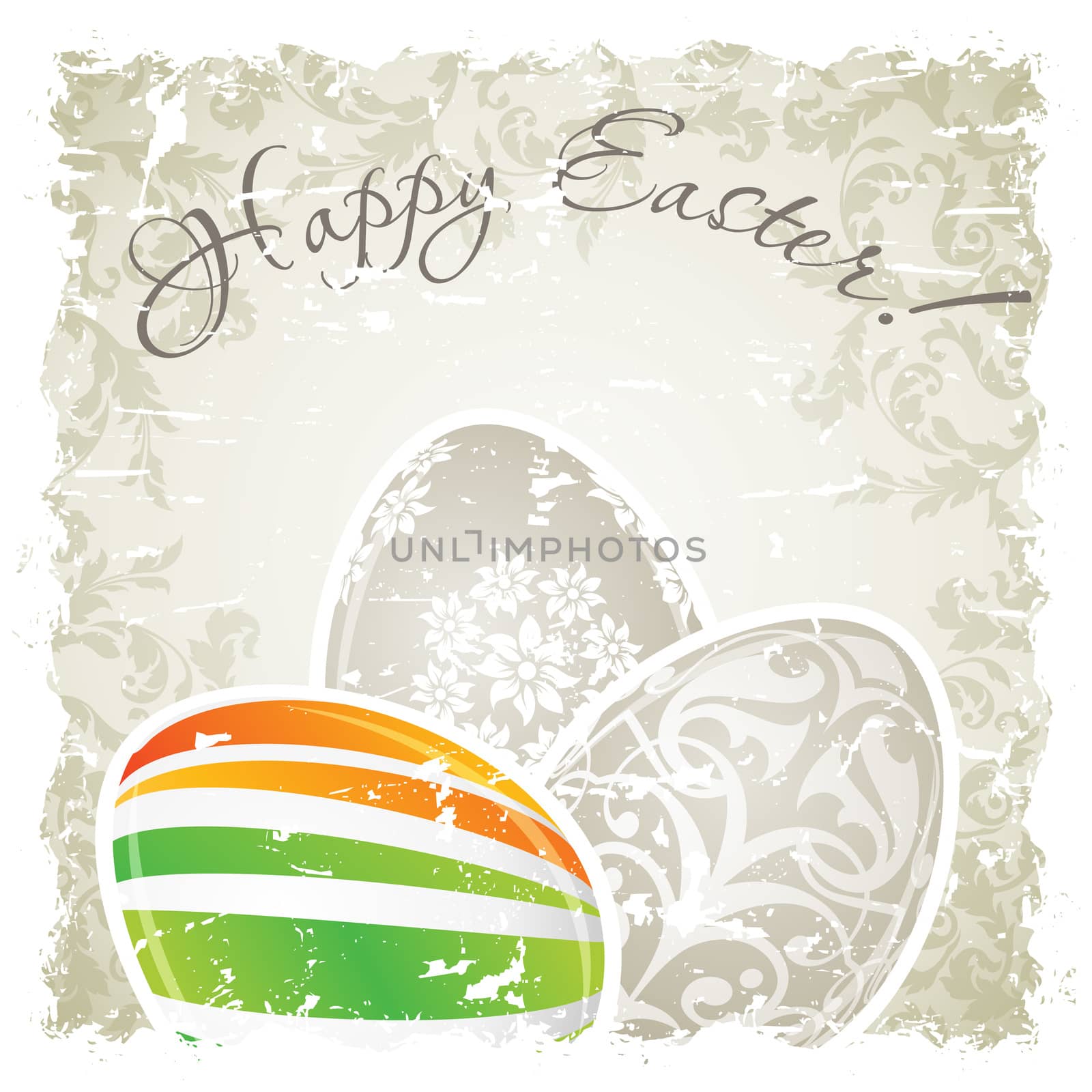 Grungy Easter Background with Decorated Eggs and Floral Elements