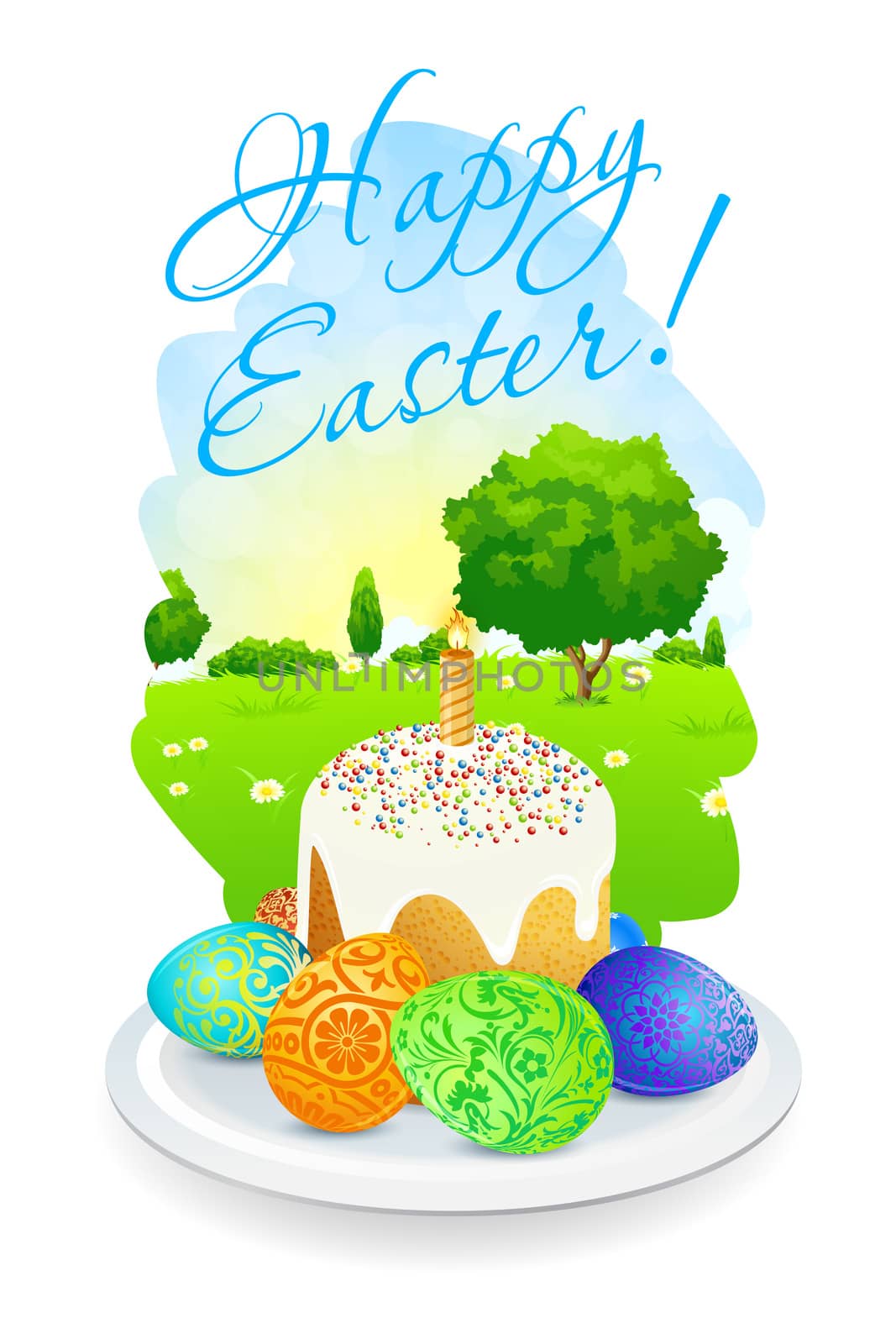 Easter Card with Landscape, Tree, Cake and Decorated Eggs