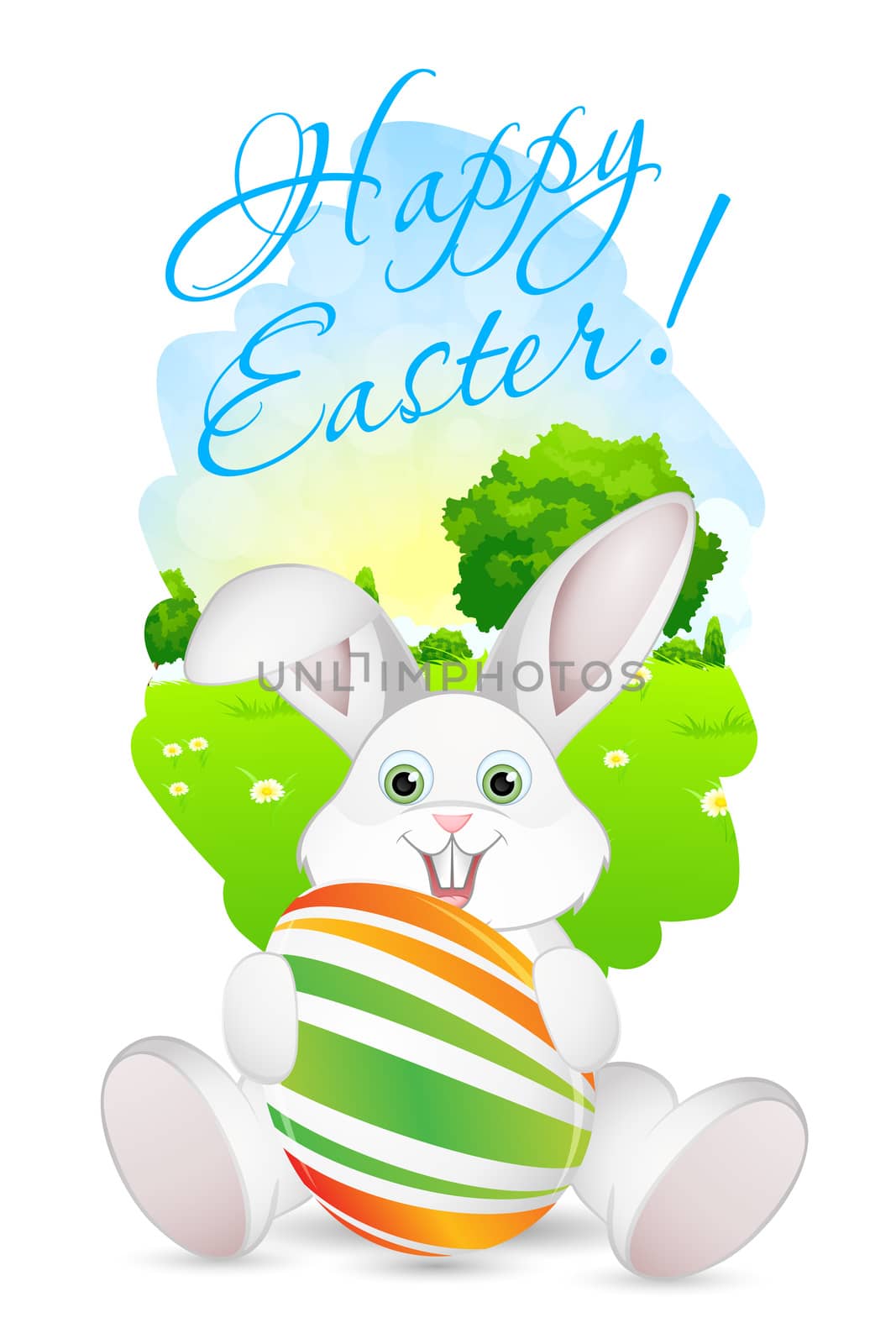 Easter Card with Landscape, Tree, Rabbit and Decorated Egg