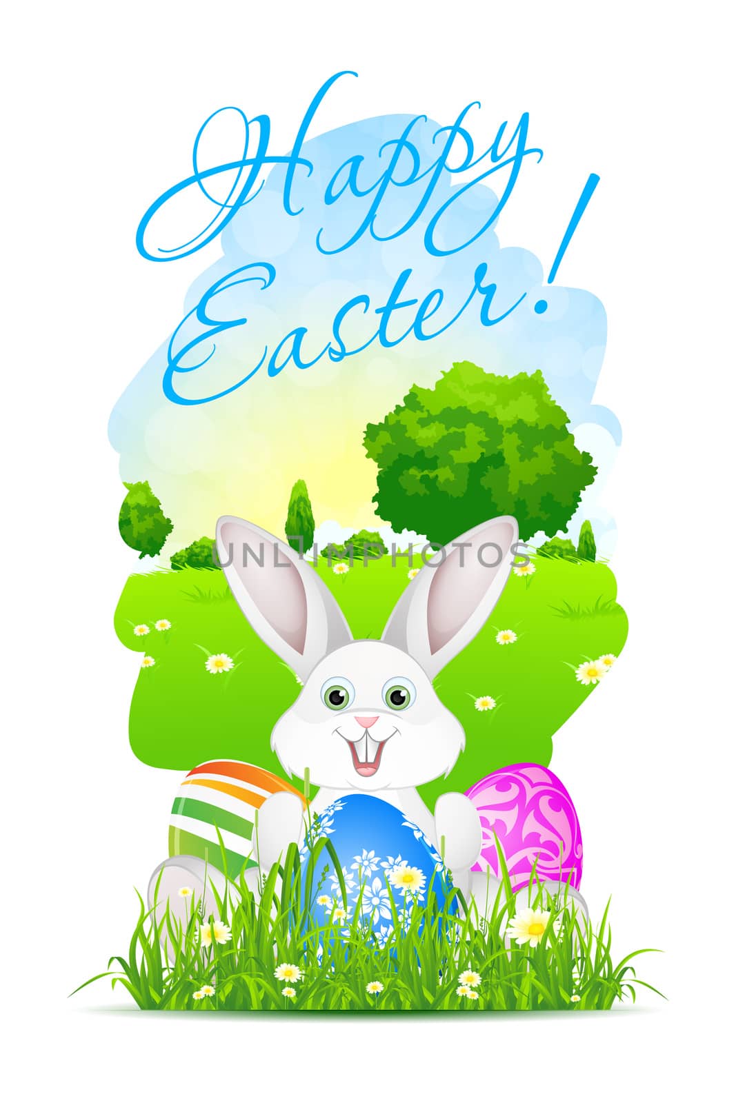 Easter Card with Landscape, Grass, Rabbit and Decorated Eggs