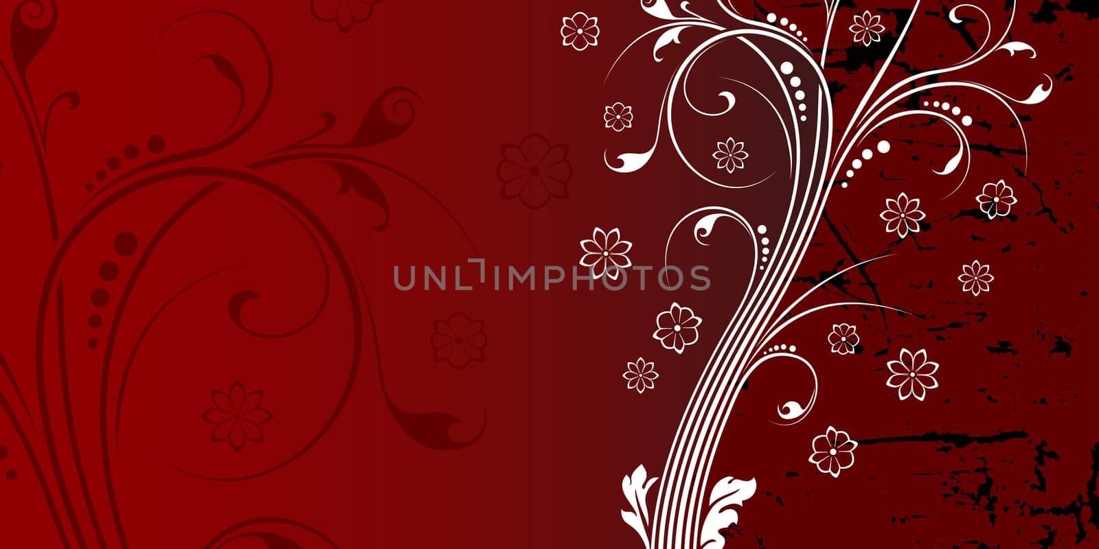 Abstract grunge background witn floral scrolls on red