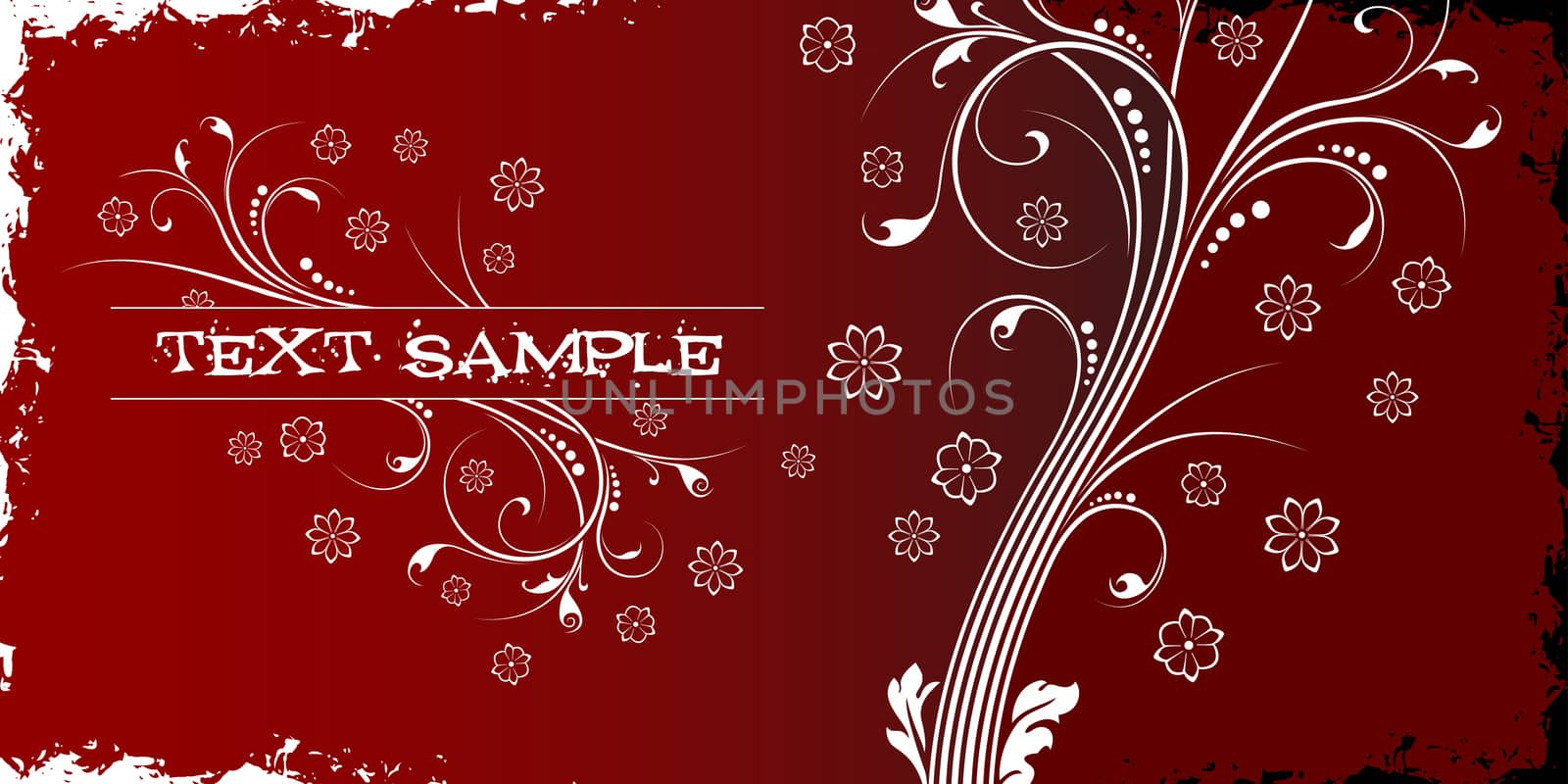 Abstract grunge background witn floral scrolls in red color and text decoration