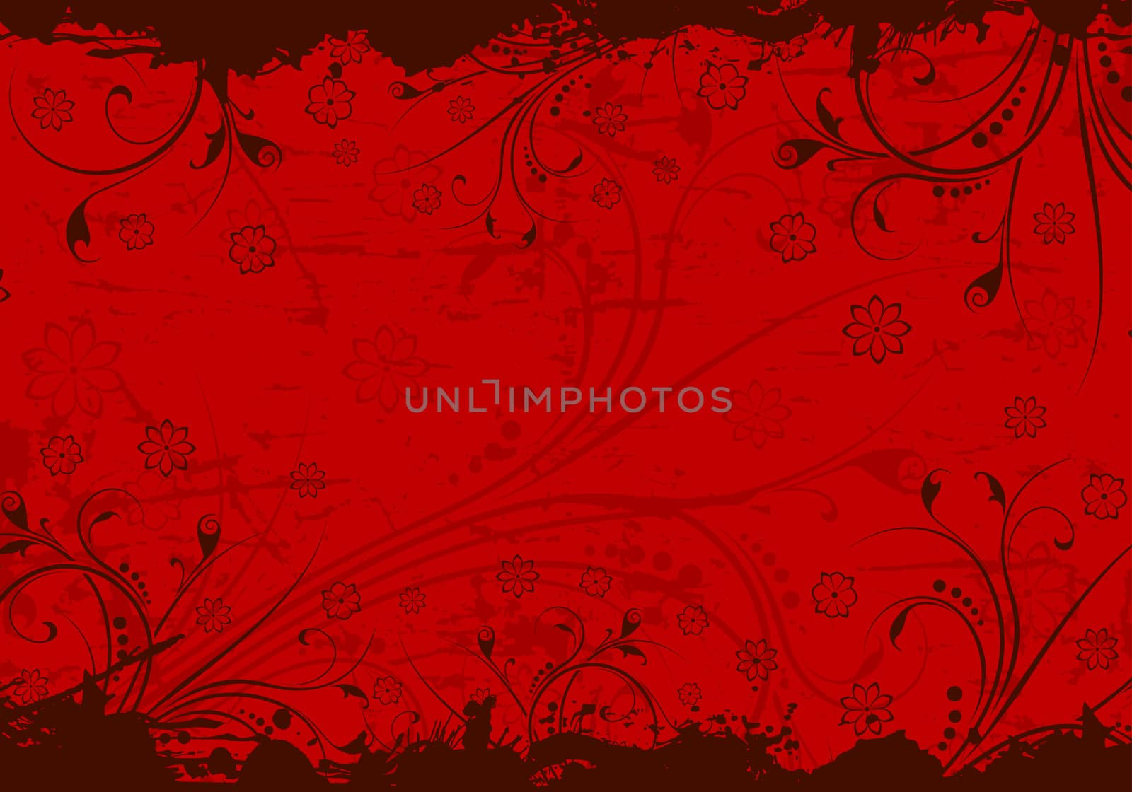 Abstract grunge background with floral scrolls in red color