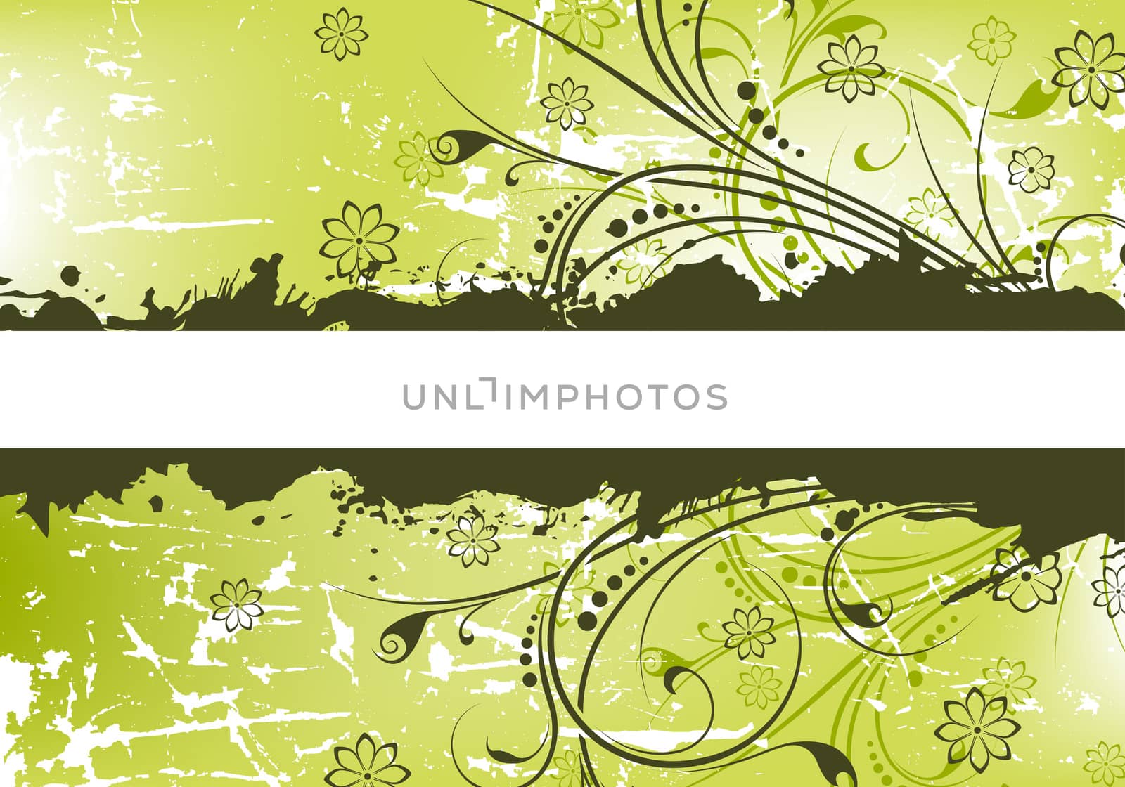 Abstract grunge background with floral scrolls in green color