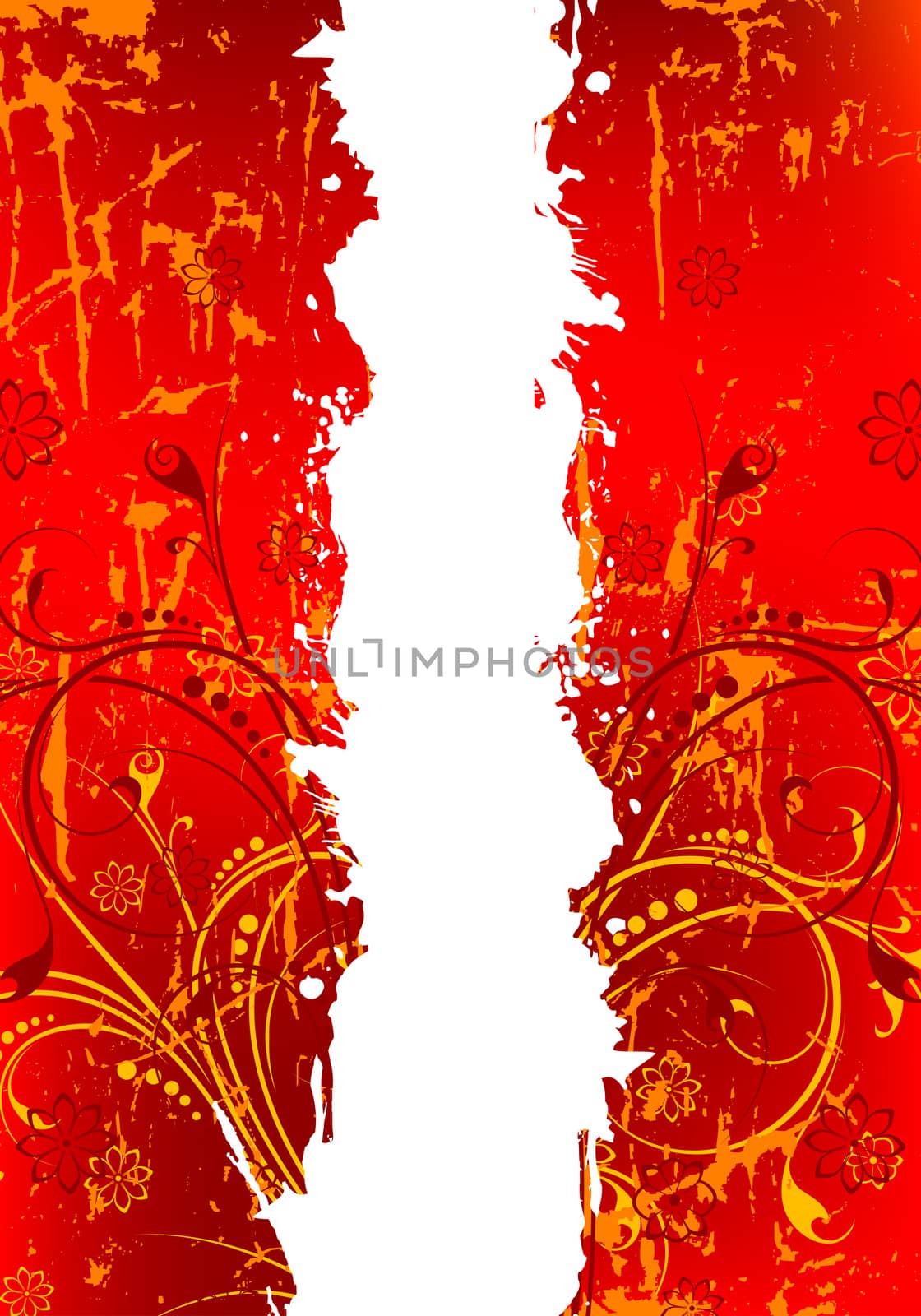 Abstract grunge background with floral scrolls in red color