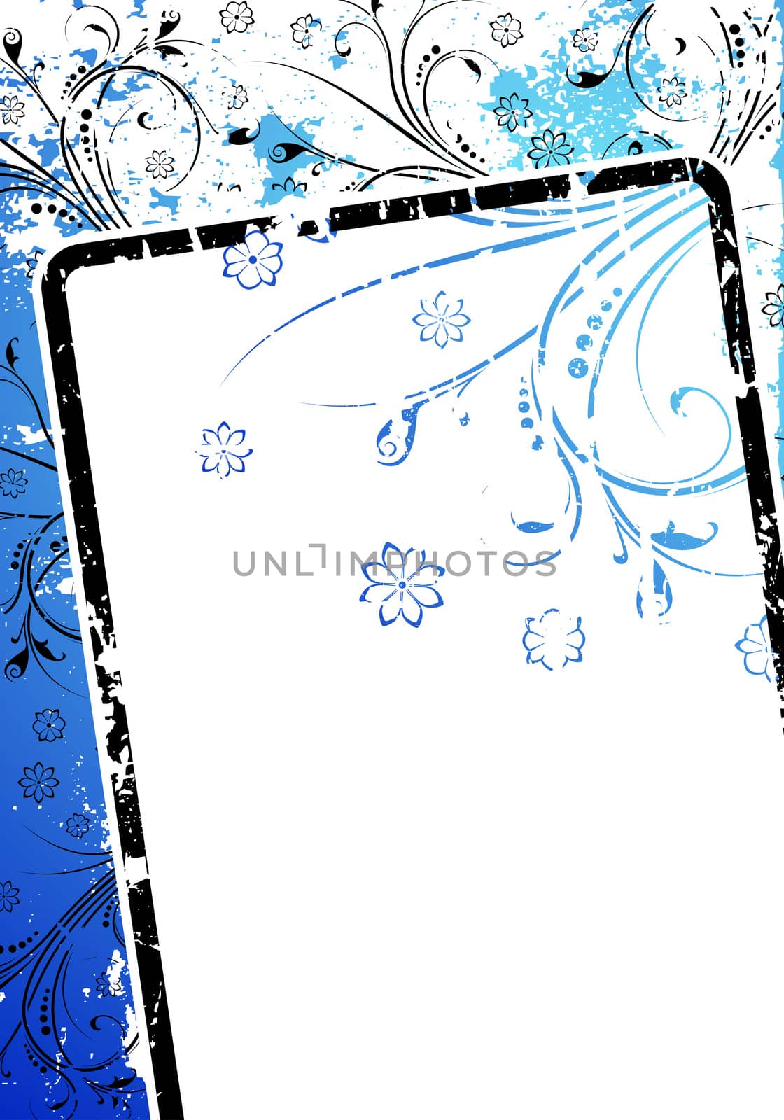 Abstract grunge background witn floral scrolls and text decoration