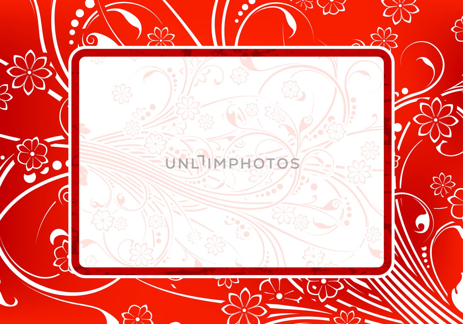 Abstract grunge painted background with floral scrolls and frame vector illustration