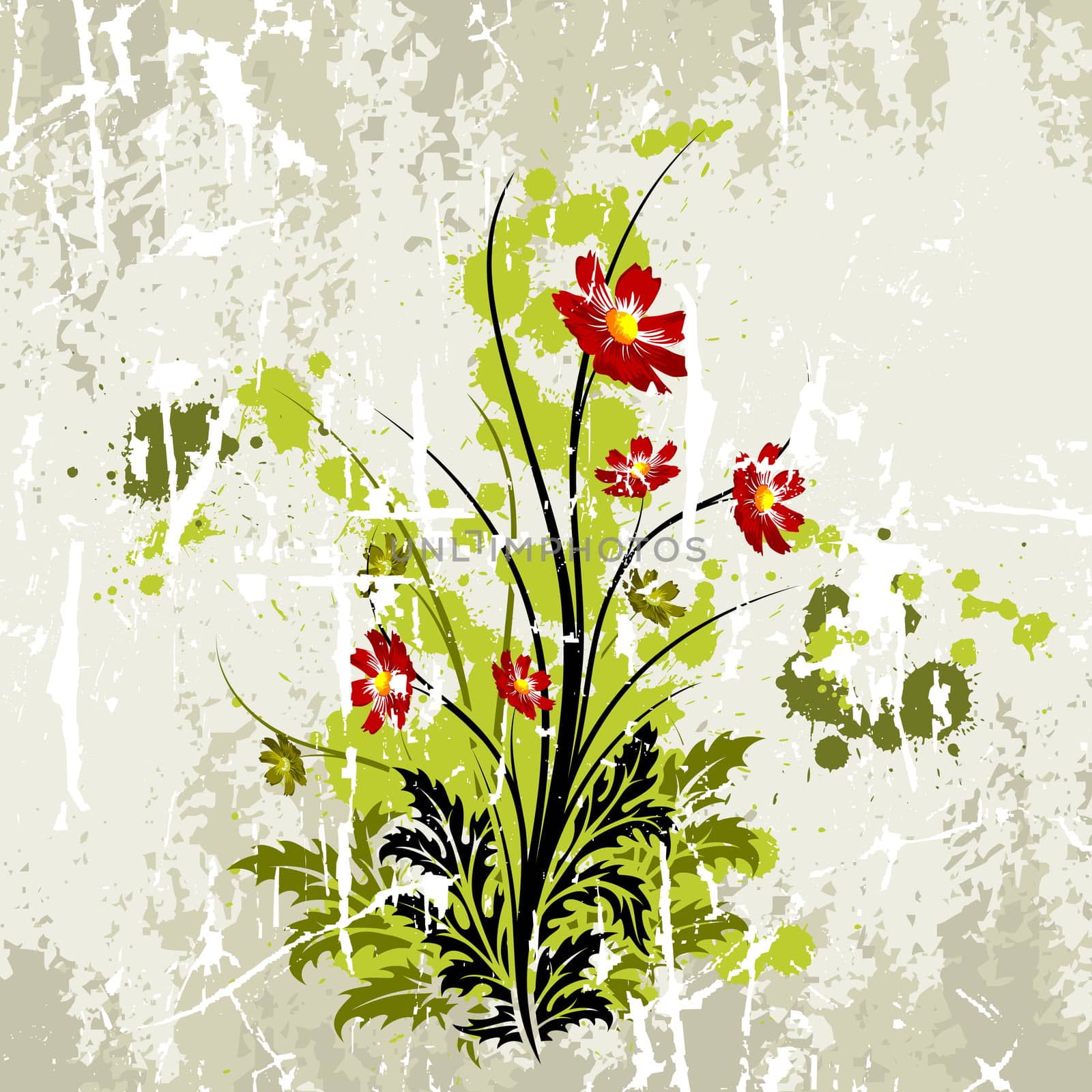 Abstract grunge painted background with flowers vector illustration