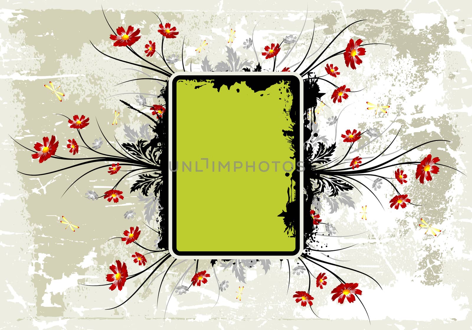 Abstract grunge painted background with flowers vector illustration