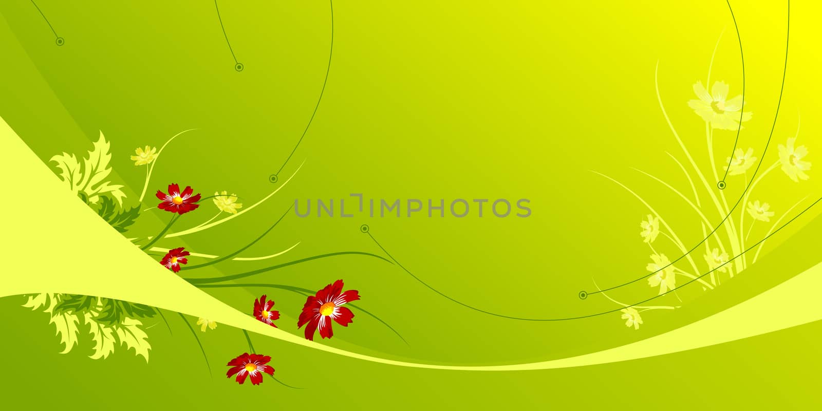 Abstract green modern background with waves and flowers