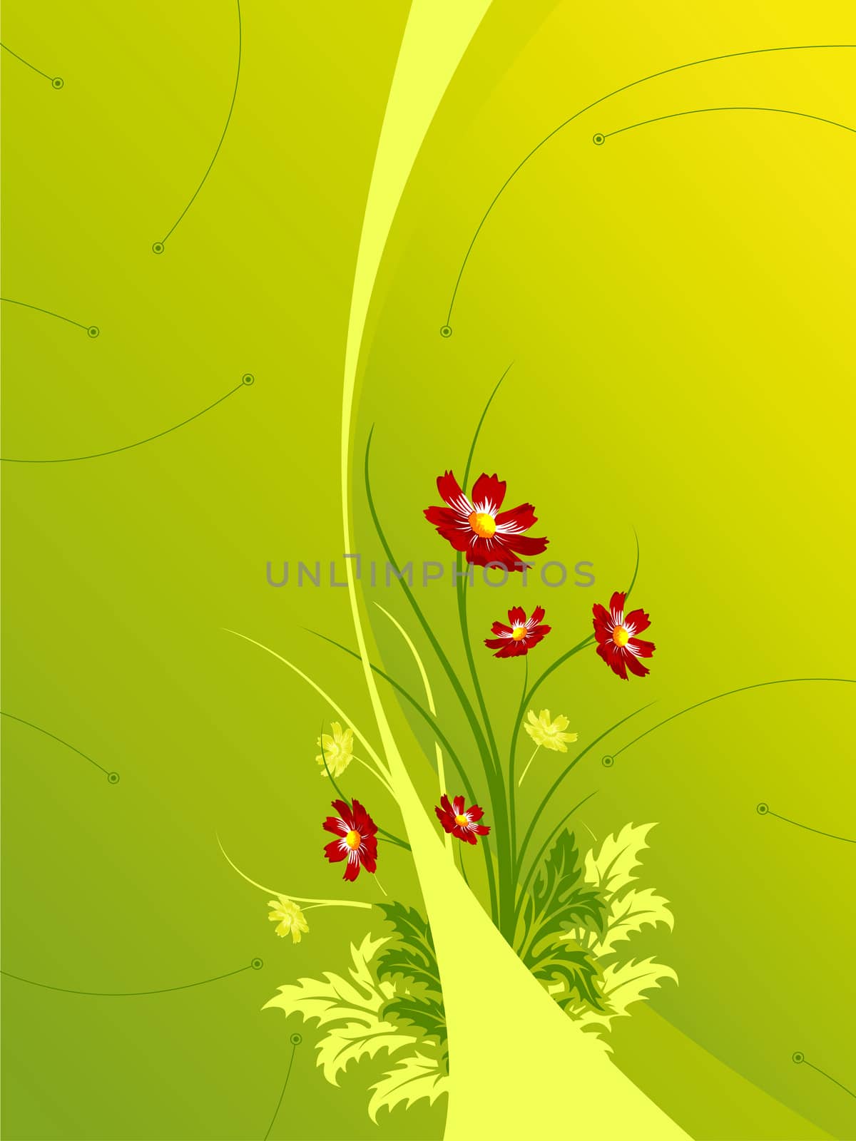 Abstract green modern background with waves and flowers