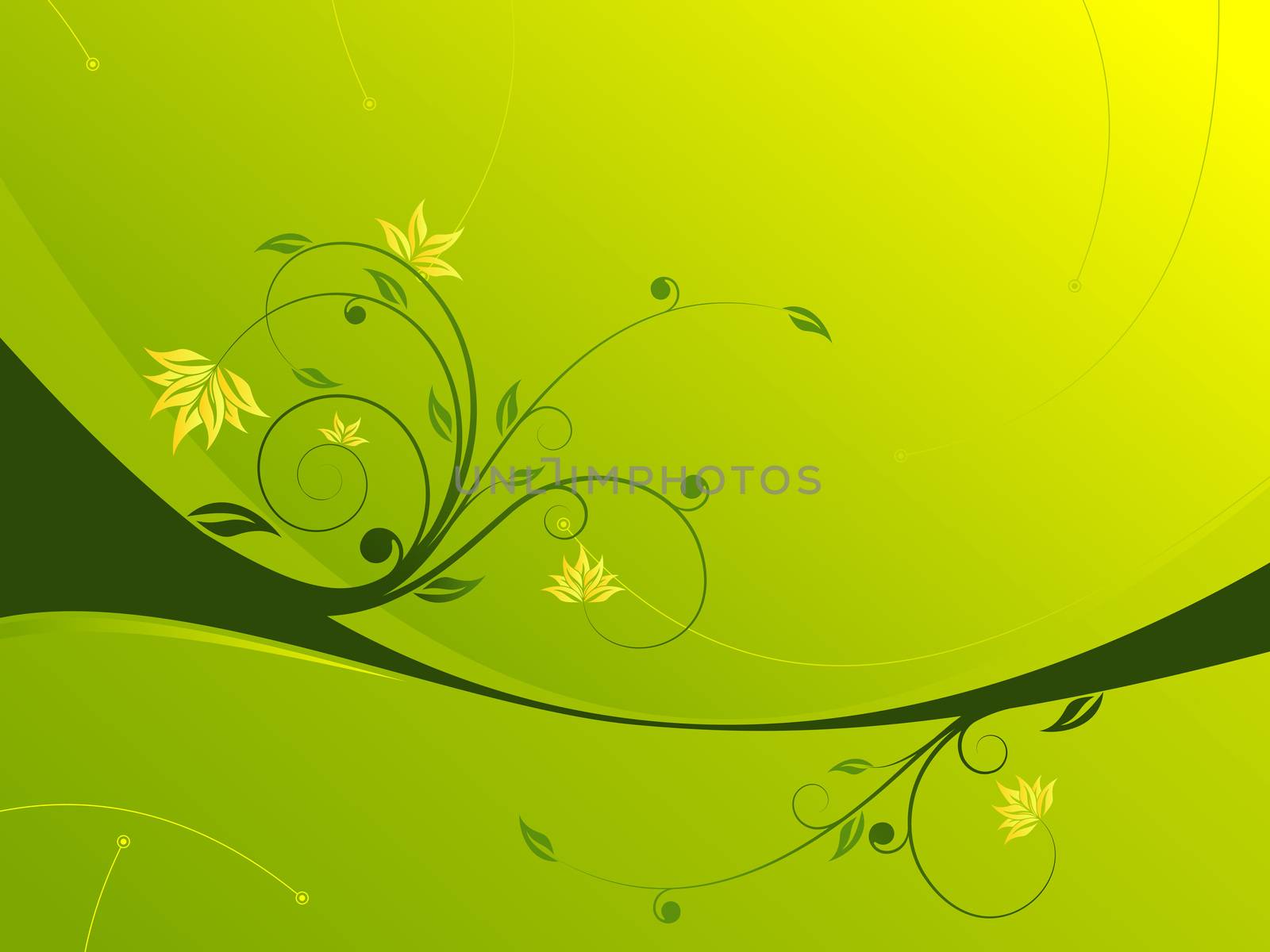 Abstract painted background with floral scroll in green color