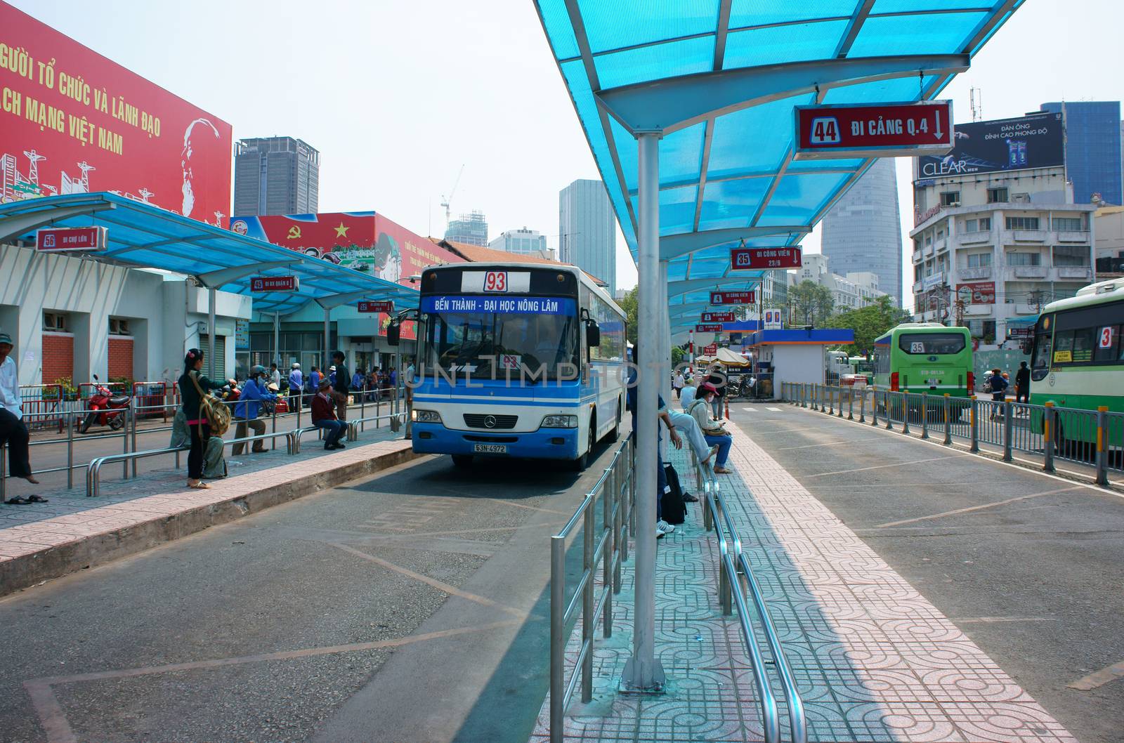 HO CHI MINH, VIET NAM: Passenger bus transport people in city, stop at Ben Thanh bus station, this public service center is place regulate activity for transportation by buses, Vietnam, April 16, 2014