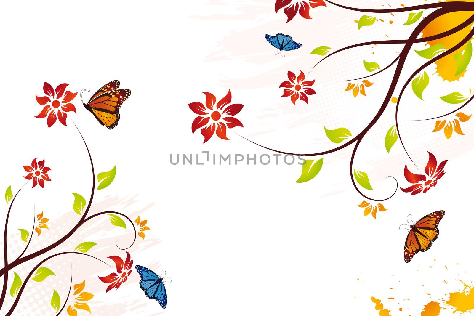 Abstract grunge vector flower background with butterfly