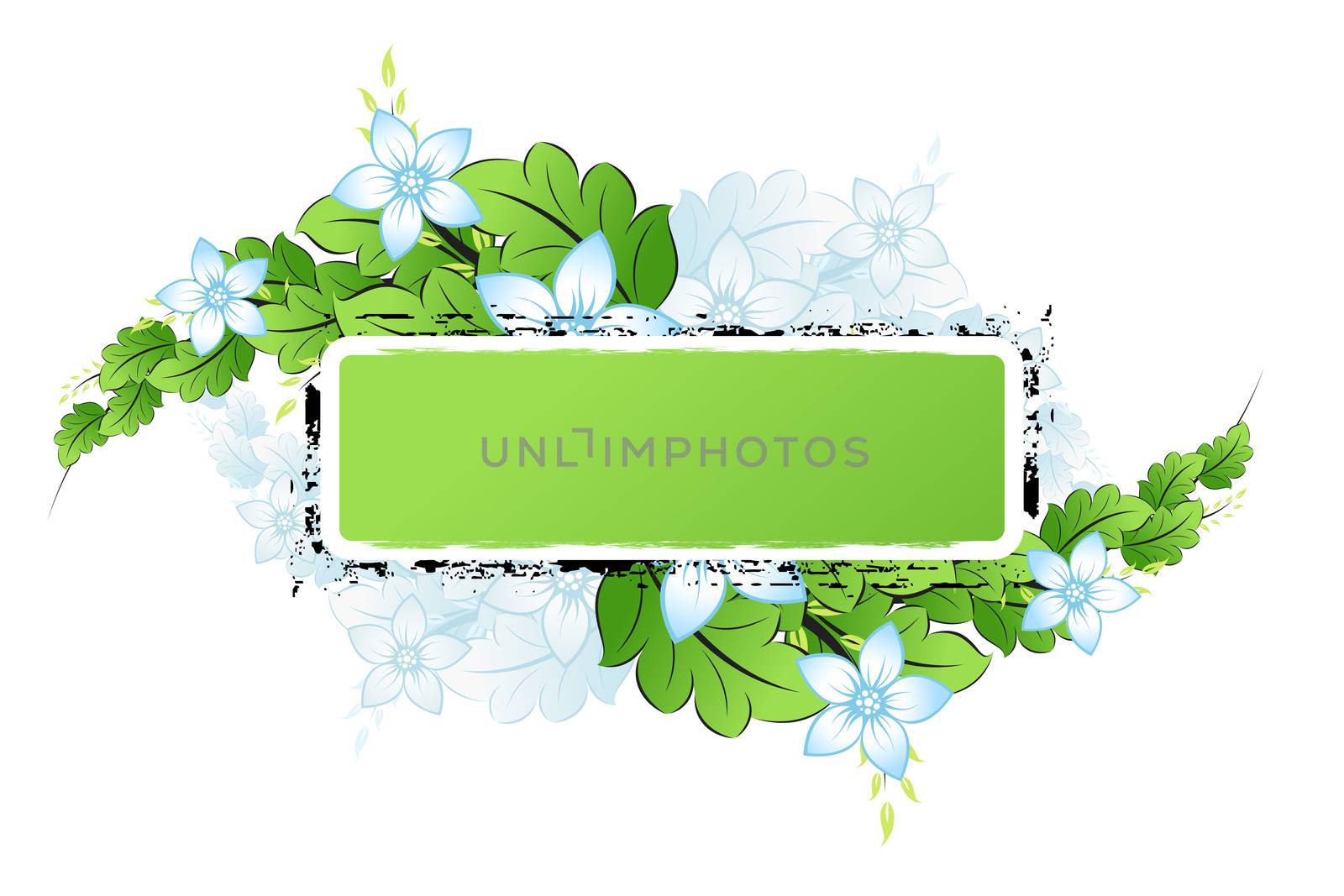 Grunge Vector frame with spring flowers and leaves