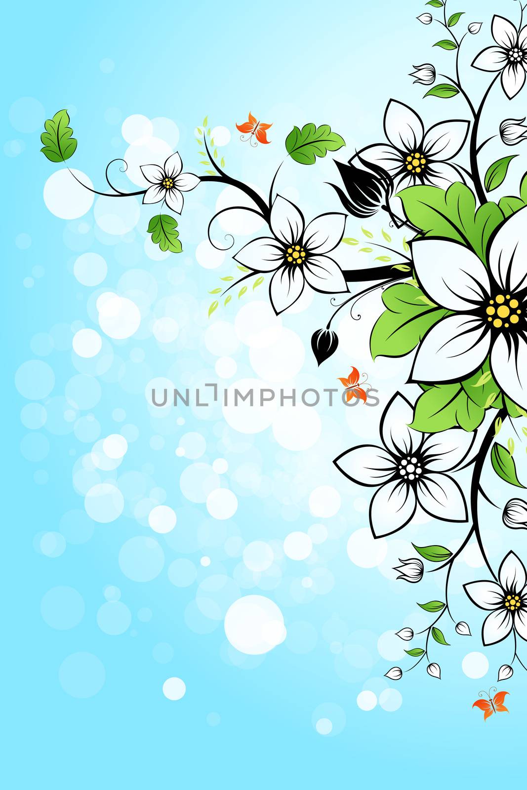 Blue Background with Flowers and  Butterfly