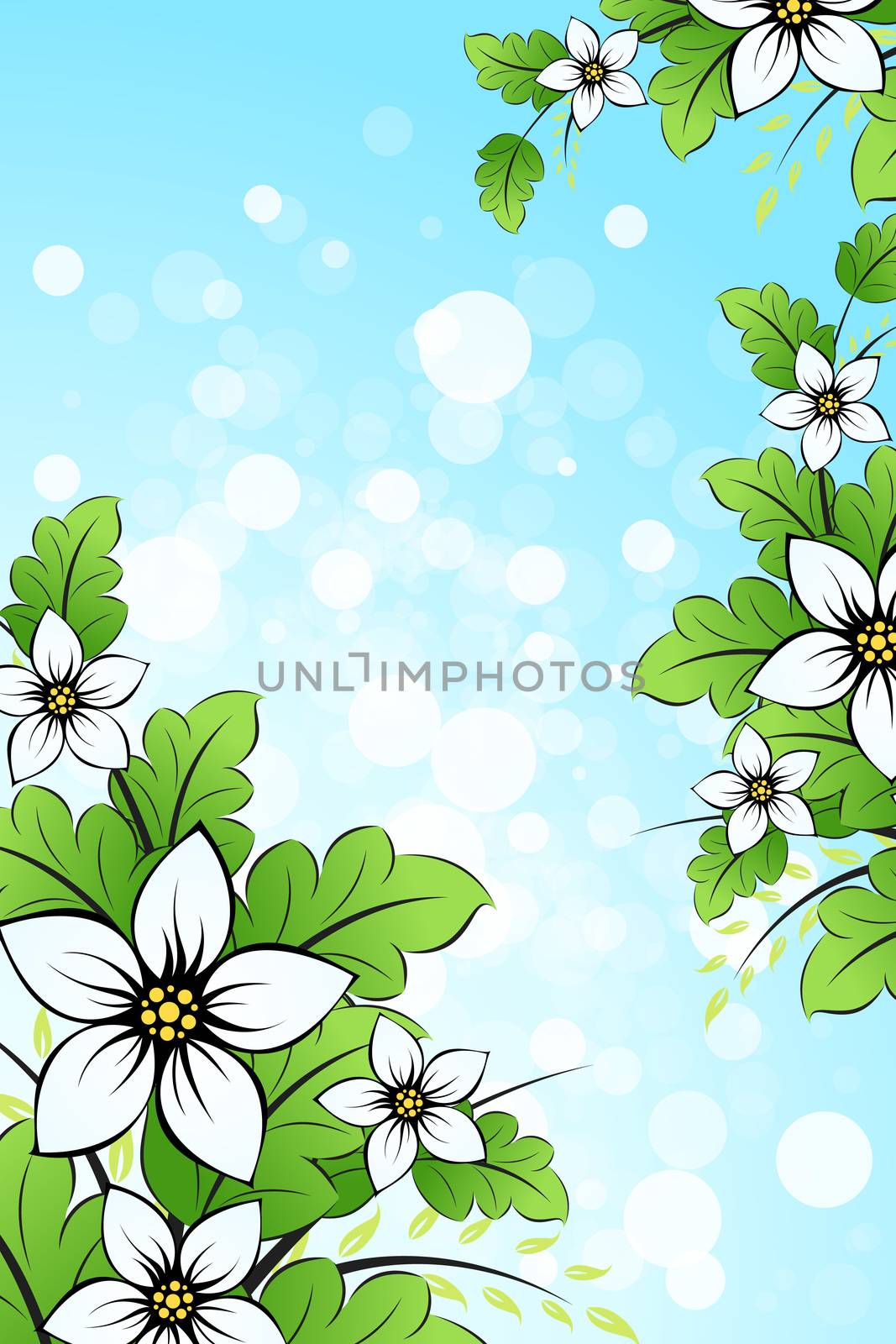 Abstract Flower Background with Leaves and Bokeh