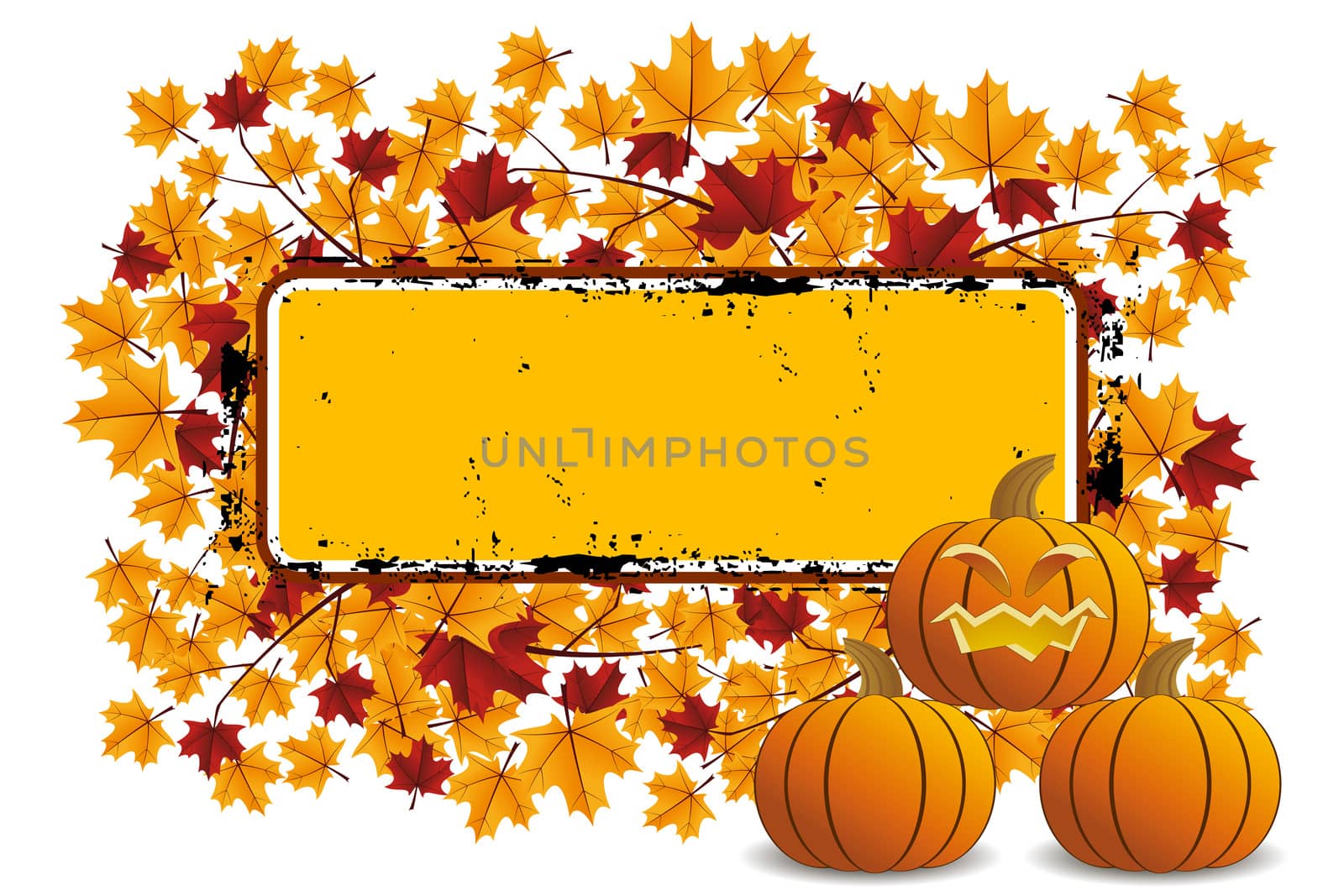 Halloween pumpkin with leafs and grunge frame