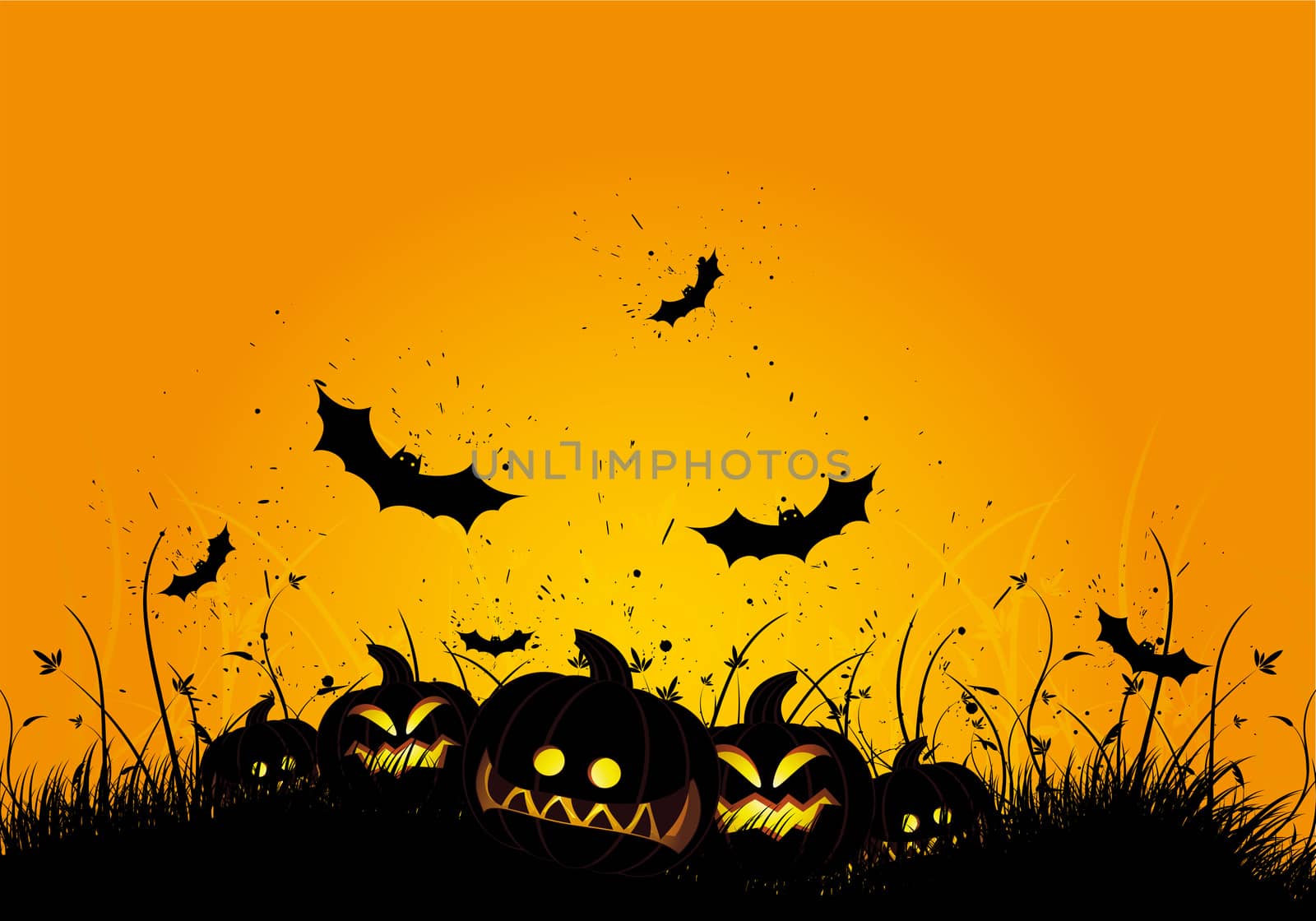 Halloween black and orange background with grass and bat