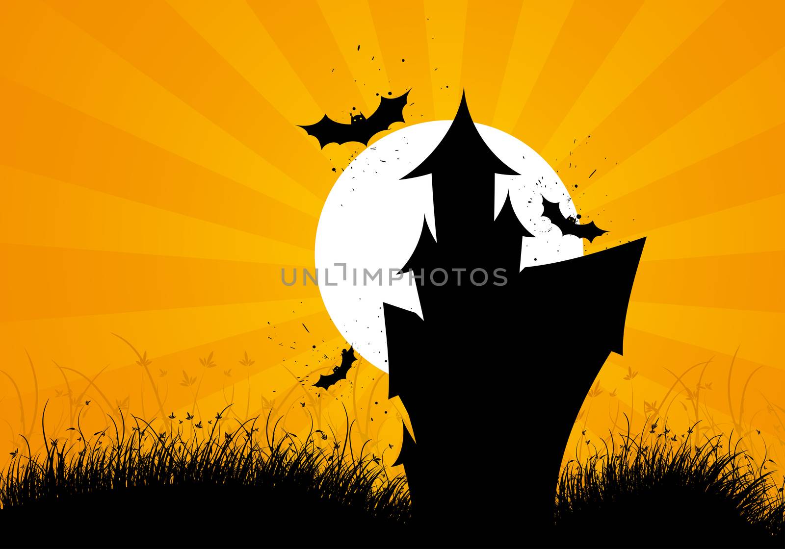 Halloween night background with house moon bat and grass