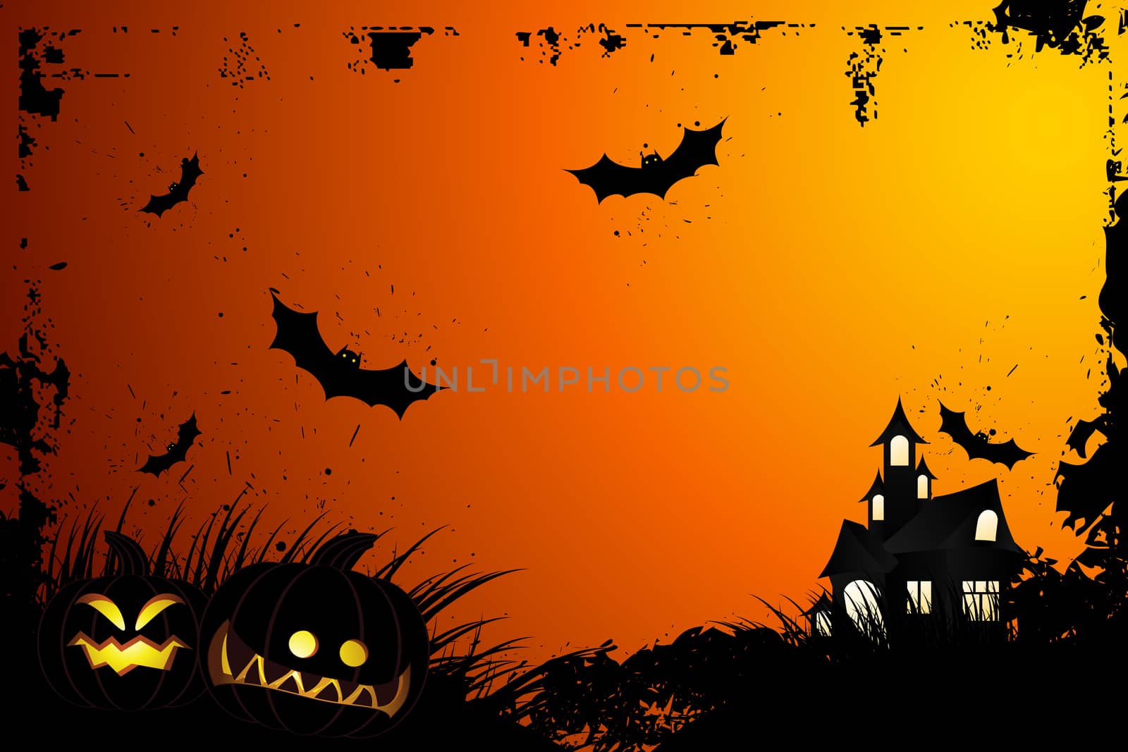 Halloween grunge background with grass bat and hunting house