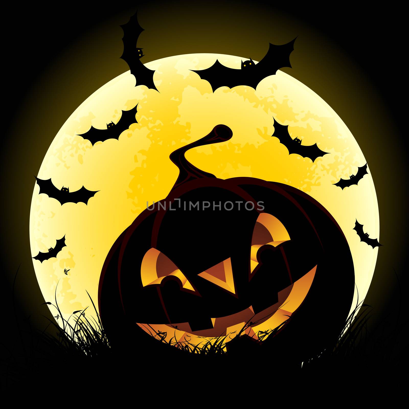 Halloween background with pumpkin in grass bats and moon