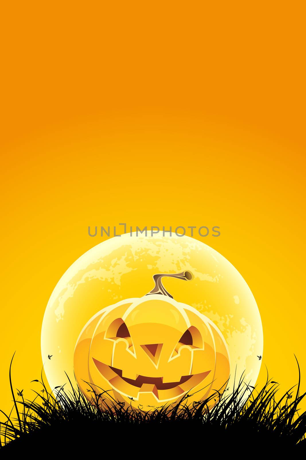 Halloween night background with pumpkin grass and moon