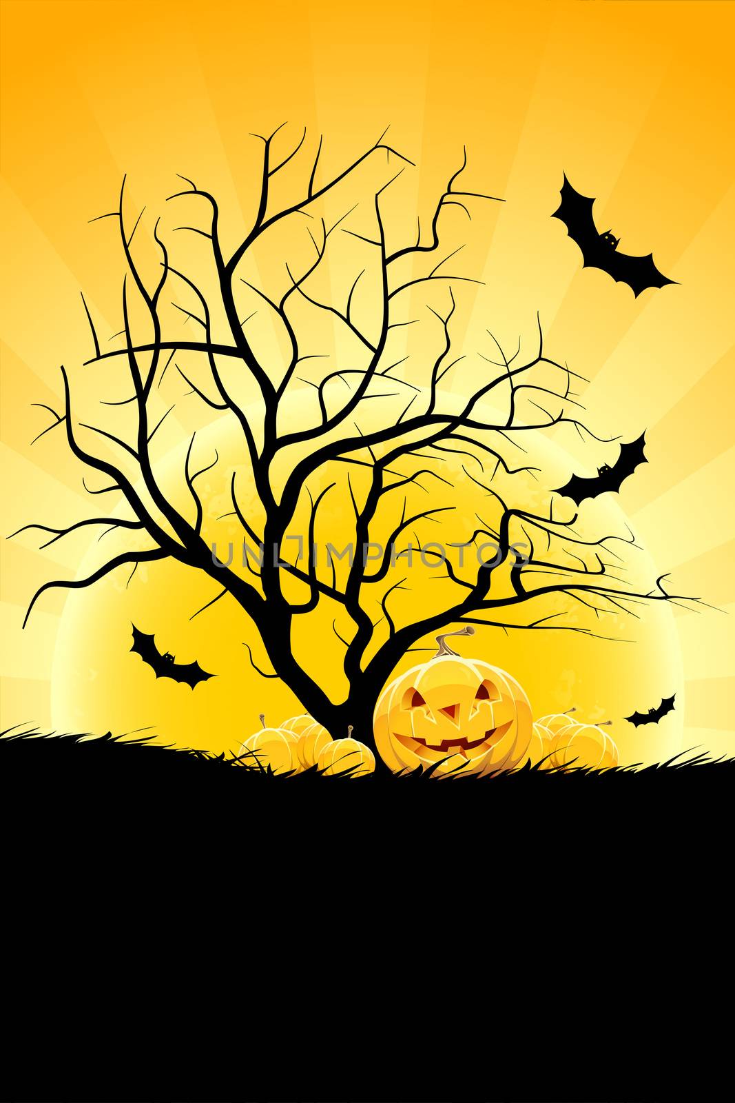 Halloween background with pumpkin in grass bat tree and moon