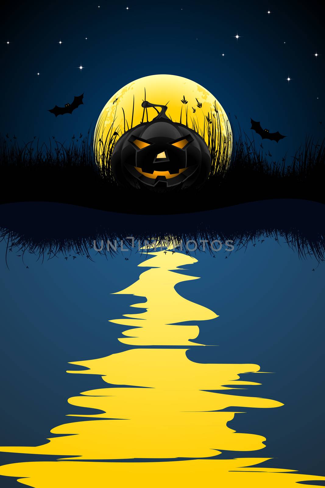 Halloween background with Pumpkin bats moon grass and reflection in water