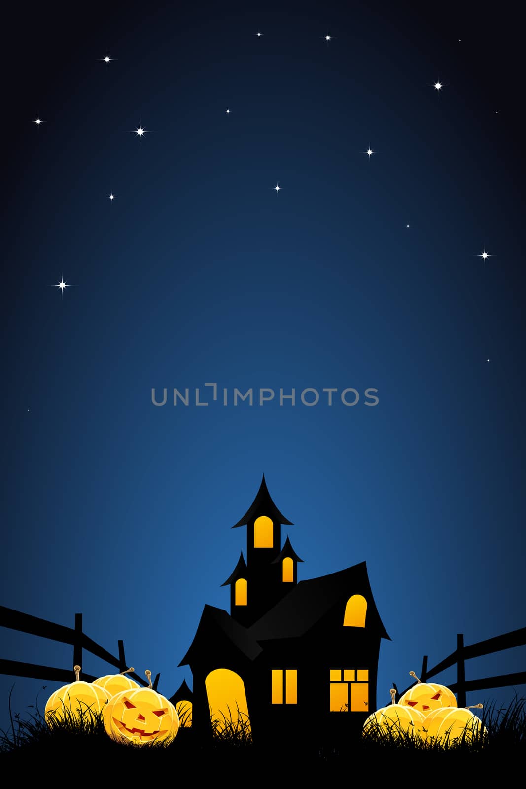 Halloween night background with pumpkins  house and stars