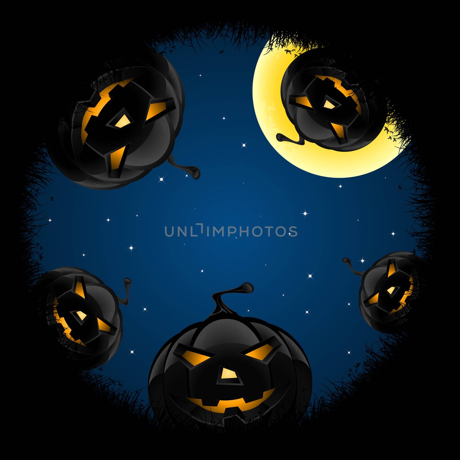Halloween night background with pumpkins bats stars and moon