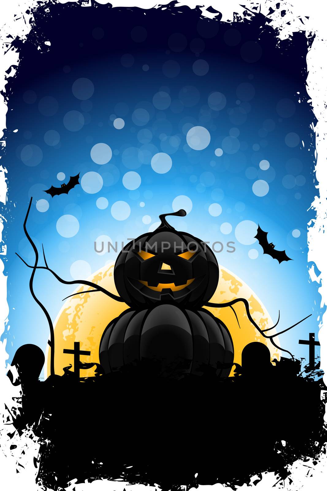 Grungy Halloween Background with Pumpkin, Grave, Cross and Full Moon