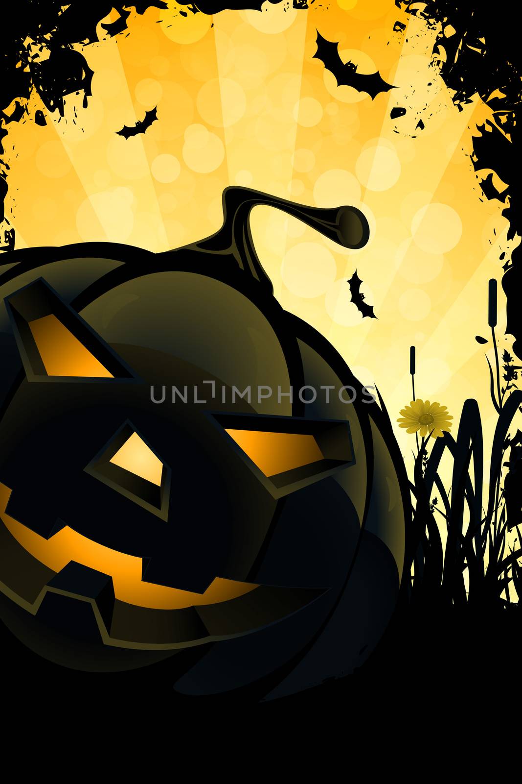 Grunge Halloween Party Background with Pumpkin Grass and Bats