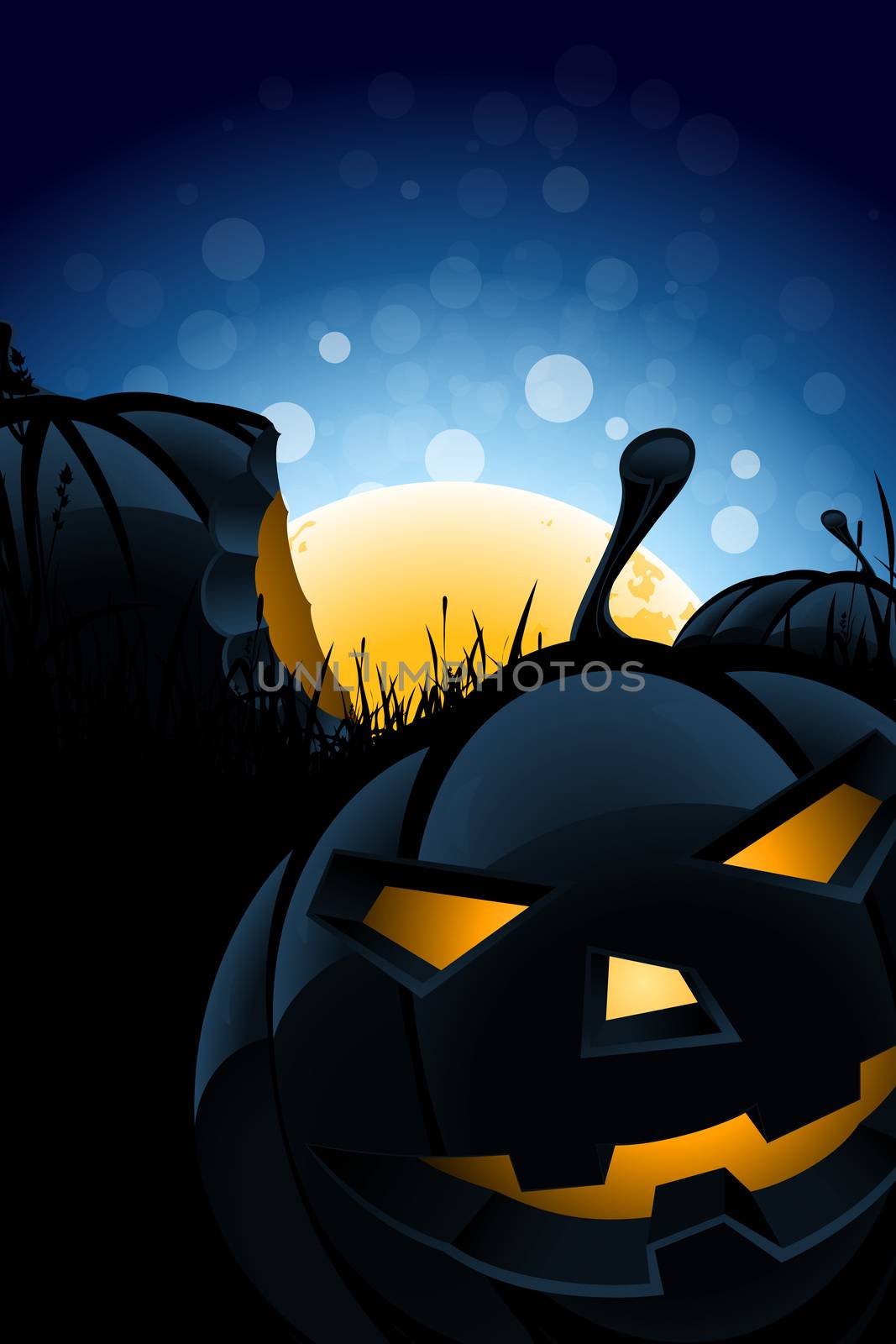 Grungy Halloween Background with Pumpkins,Grass and Full Moon