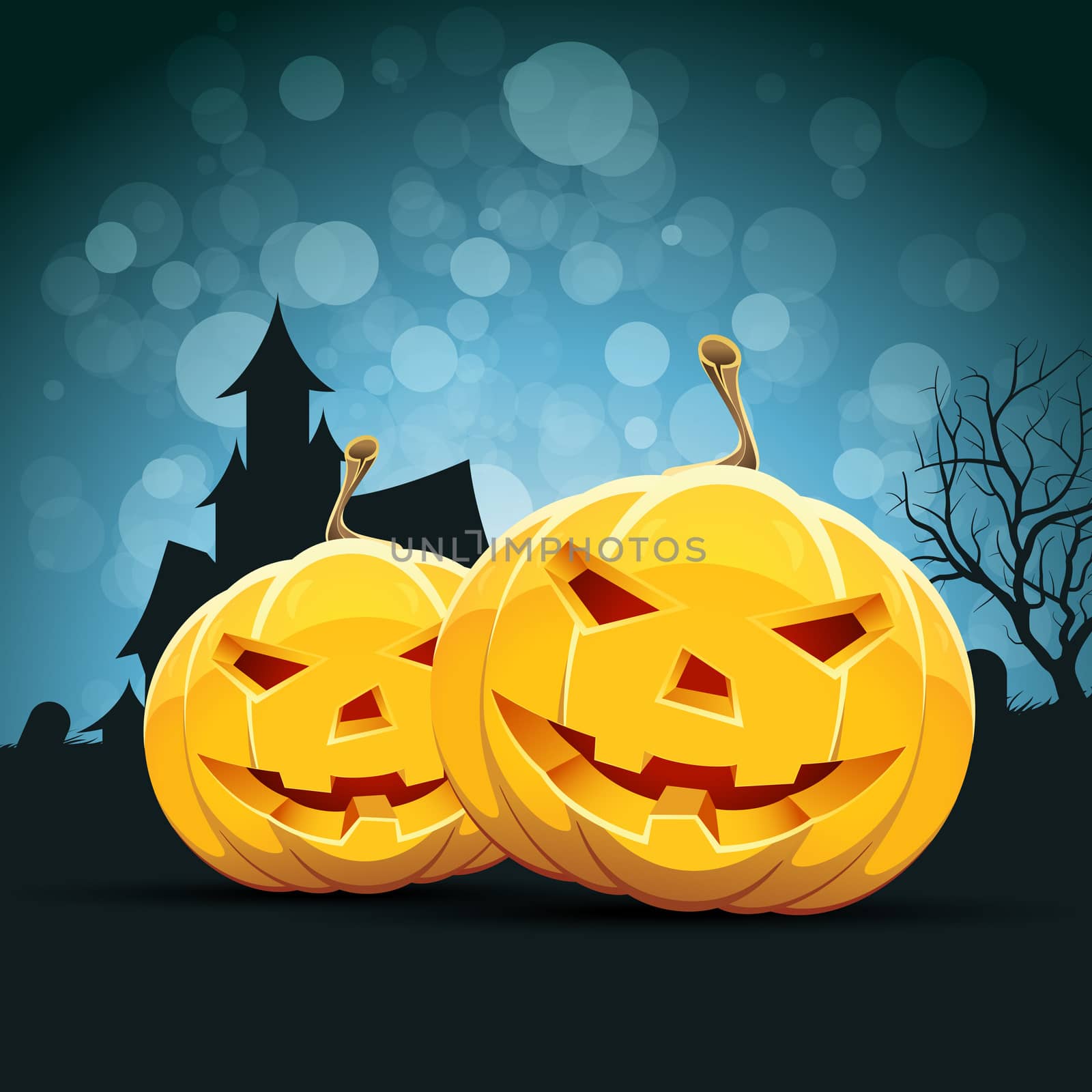 Halloween Background with Pumpkin, Tree, Grave, Cross and House