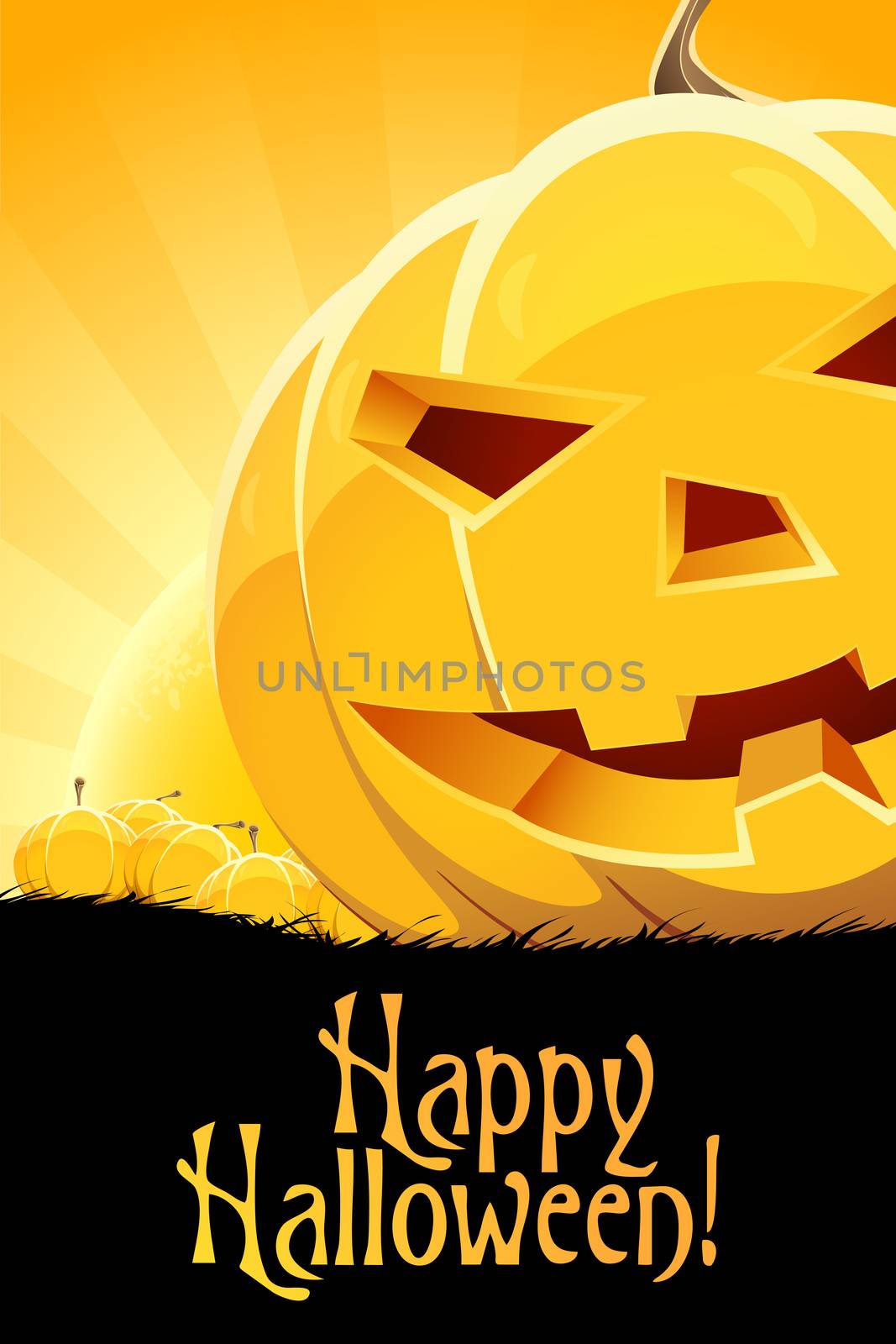 Halloween Background with Pumpkins, Grass and Full Moon