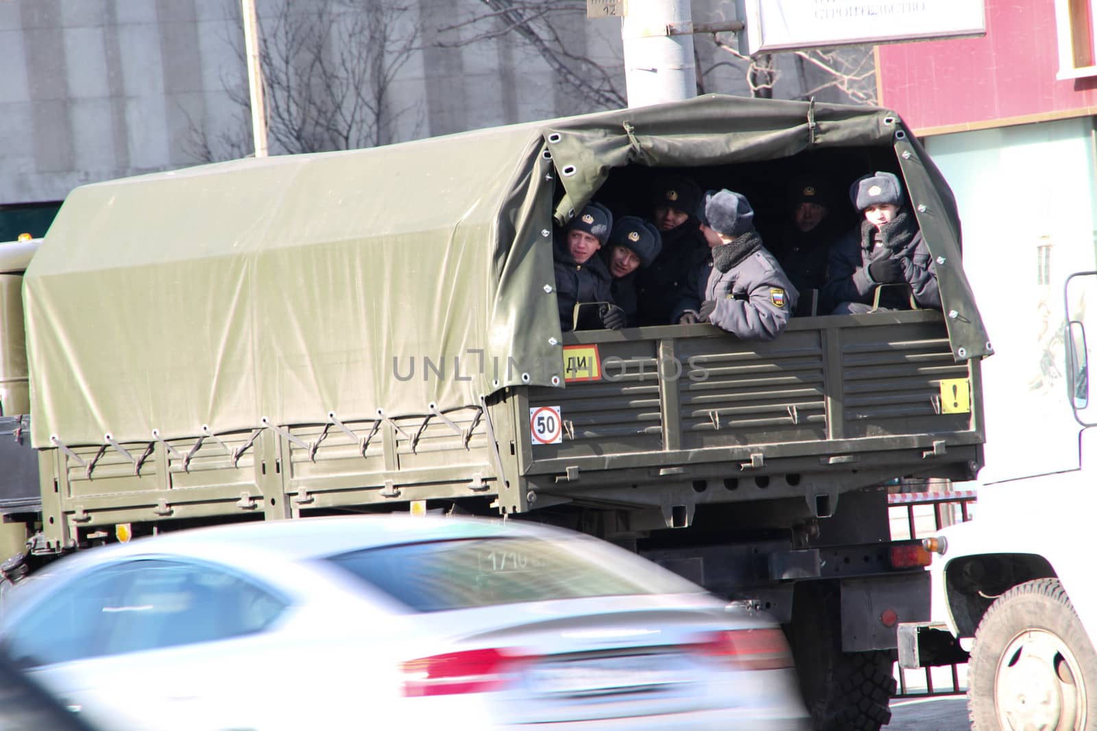 Moscow, Russia - March 10, 2012. Soldiers of the internal troops in the cordon around the opposition rally