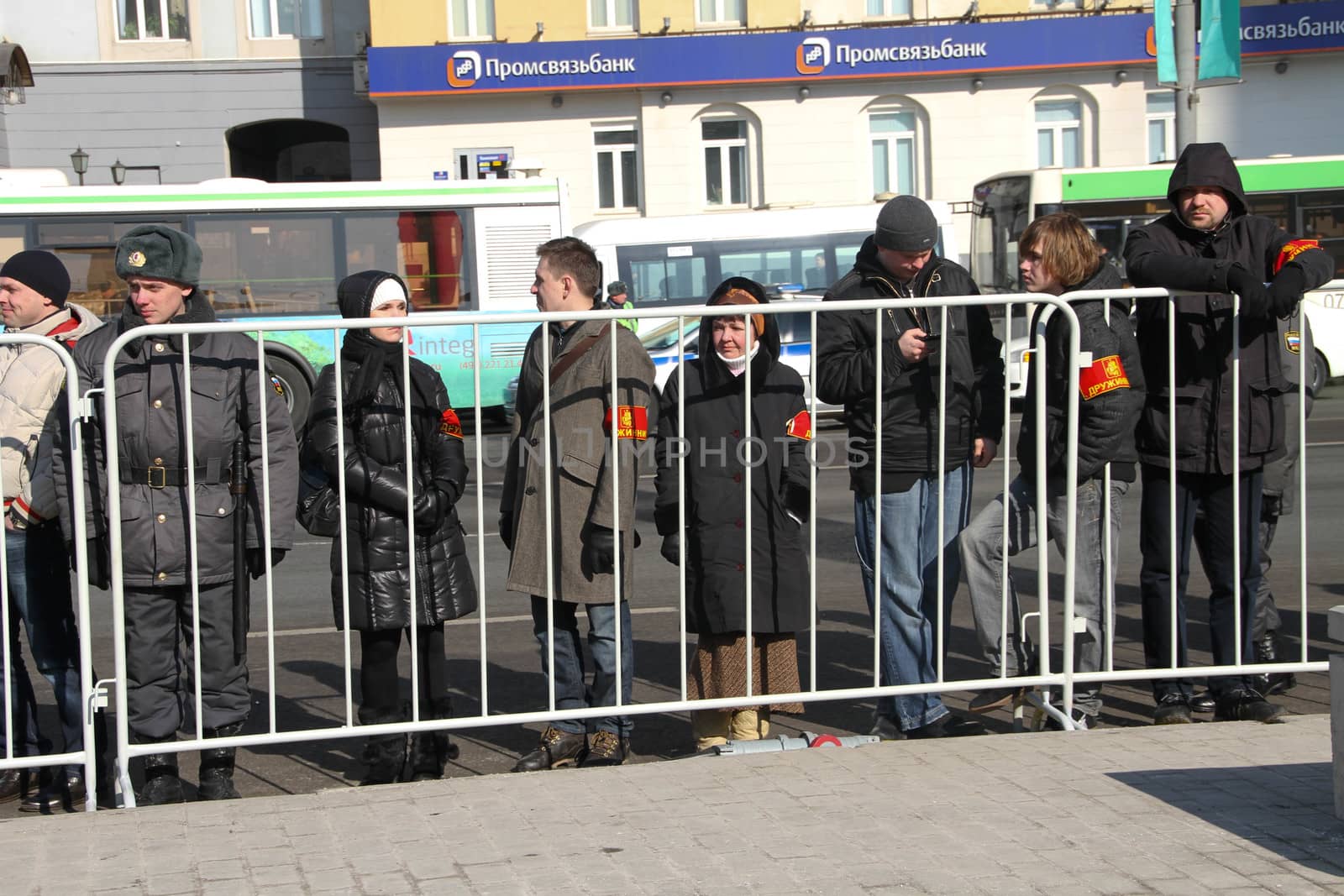 Moscow, Russia - March 10, 2012. Vigilantes in the cordon around the opposition rally