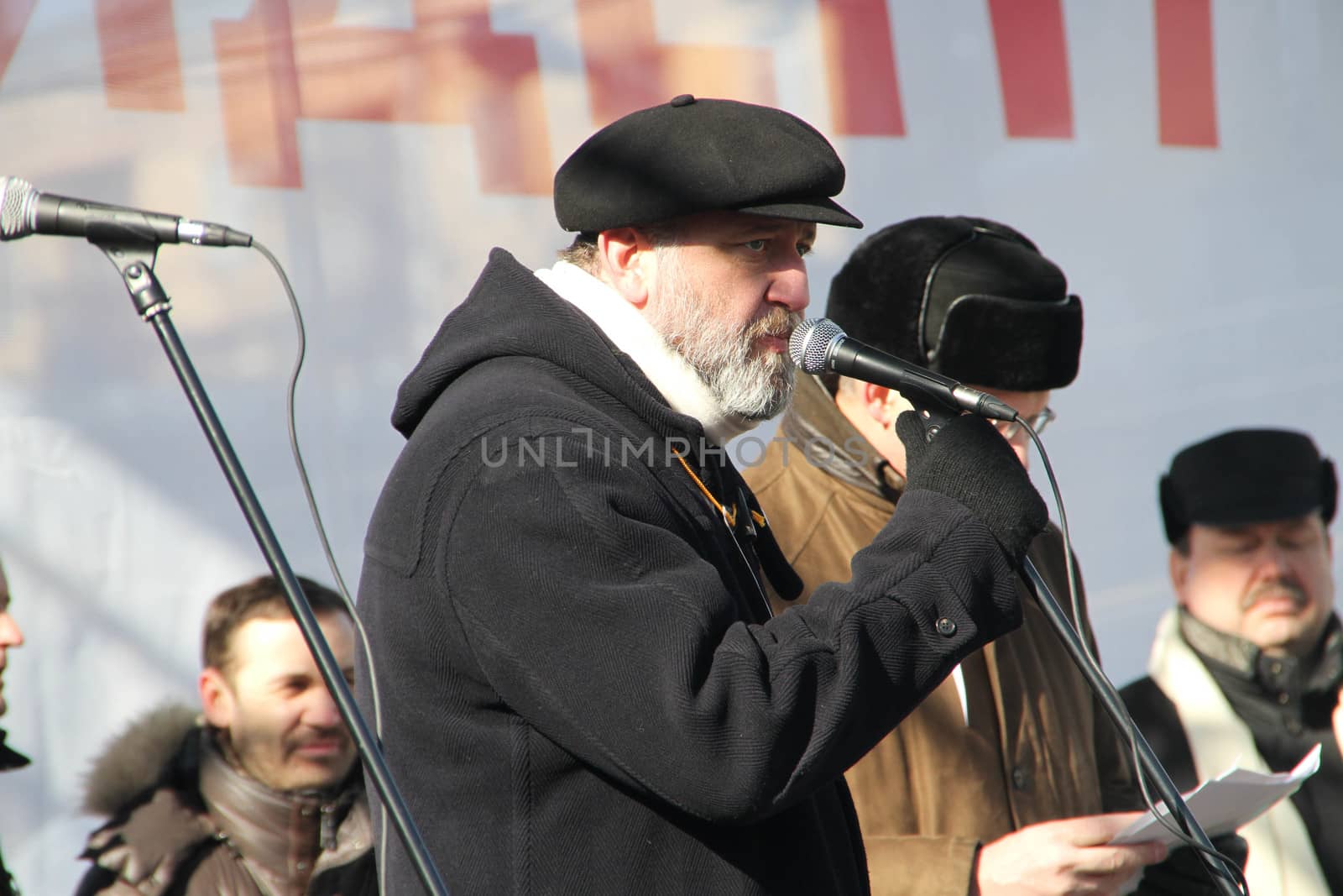 Moscow, Russia - March 10, 2012. Journalist Sergei Parkhomenko on an opposition rally on election results