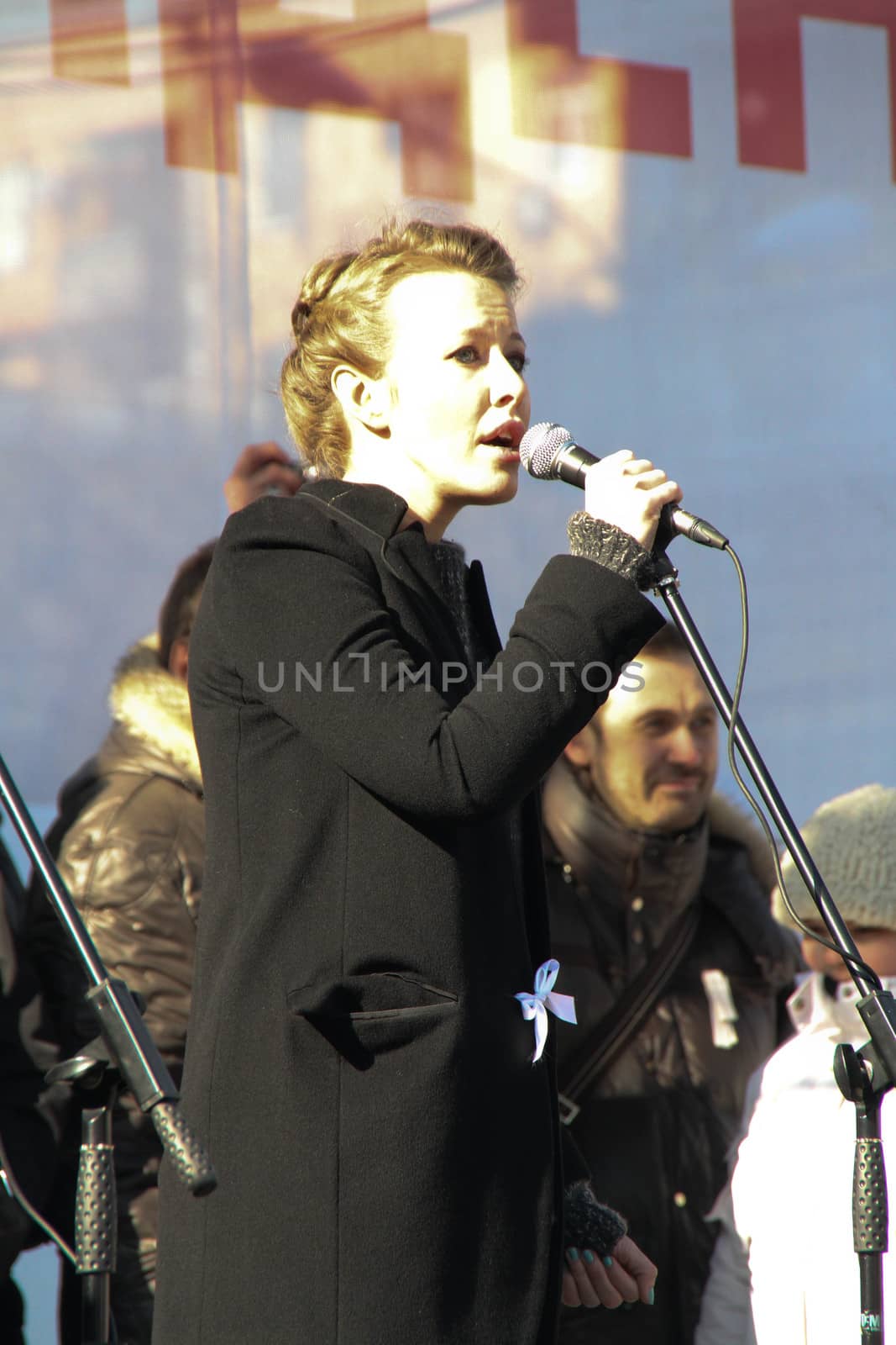 Moscow, Russia - March 10, 2012. TV Presenter Ksenia Sobchak on an opposition rally on election results