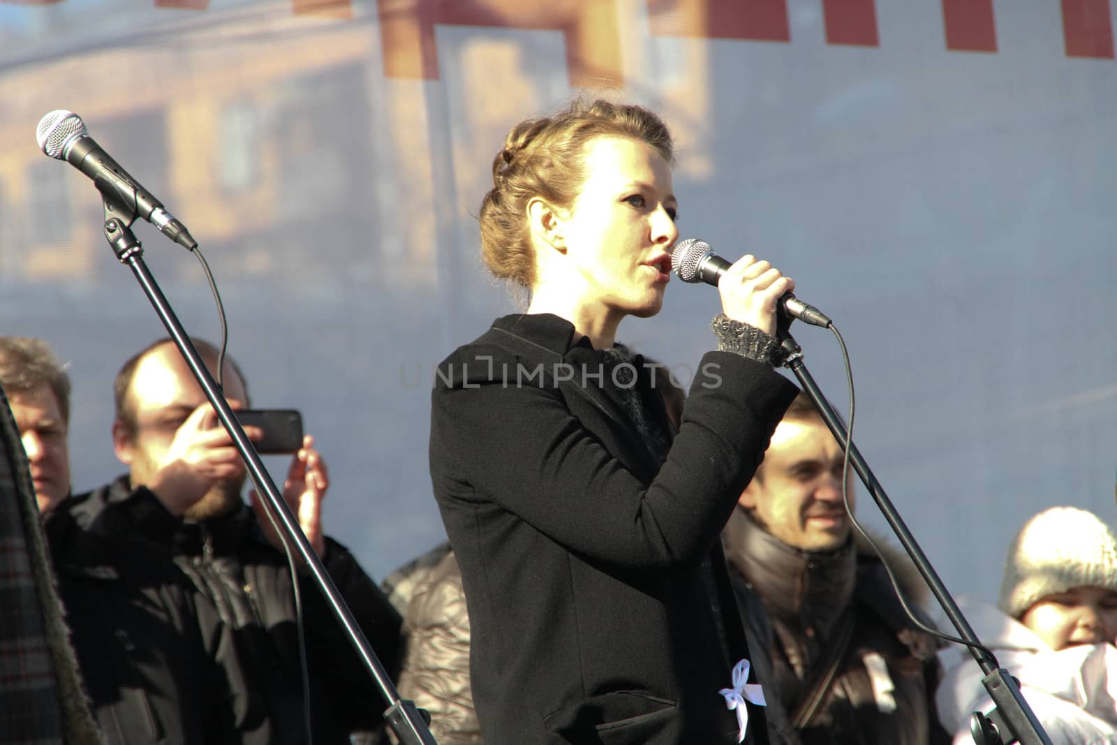 Moscow, Russia - March 10, 2012. TV Presenter Ksenia Sobchak on an opposition rally on election results